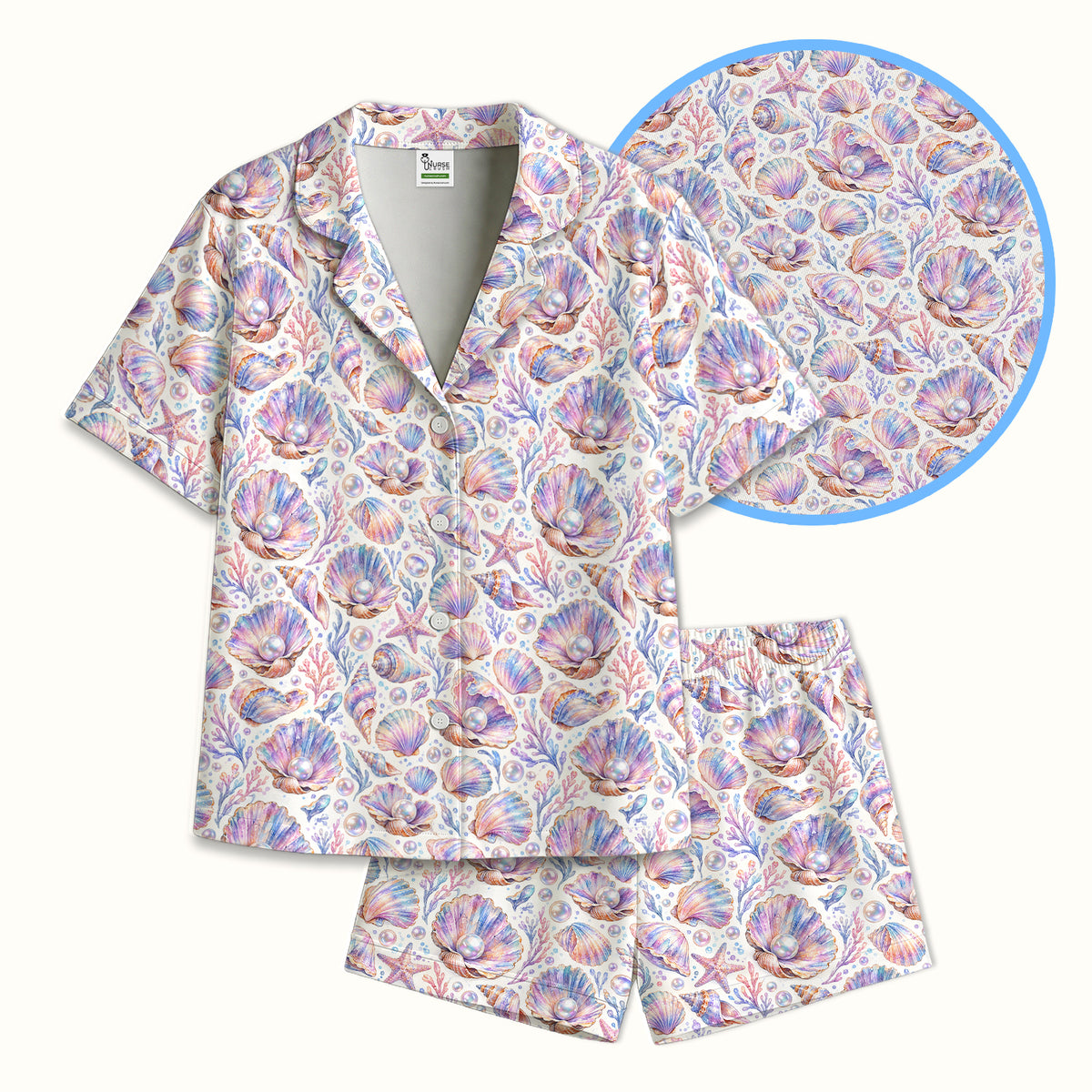 Pastel Seashell And Pearl Pattern Pajama Set, Soft Breathable Fabric Comfortable Sleepwear