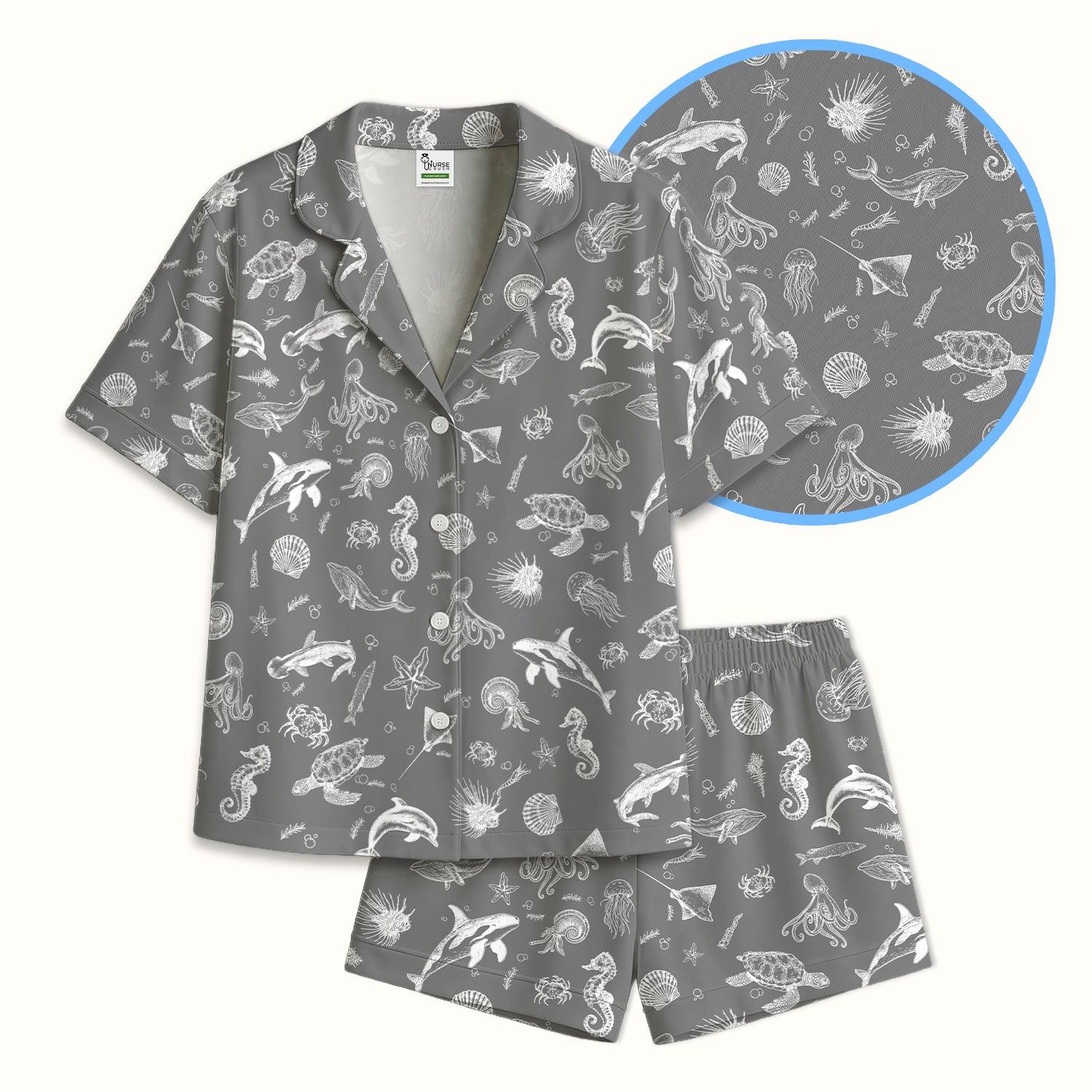 Marine Sea Life Pattern Pajama Set, Breathable Fabrics Uniform