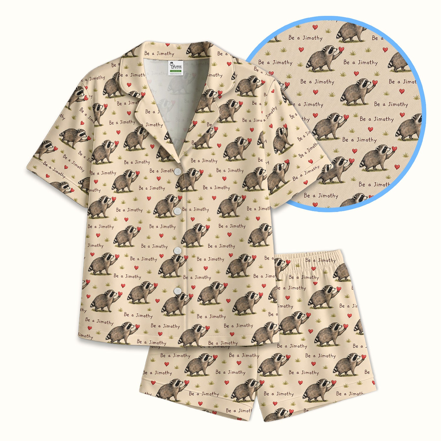 Cute Be A Jimothy Raccoon Hearts Pajama Set, Soft Breathable Fabric Comfortable Sleepwear