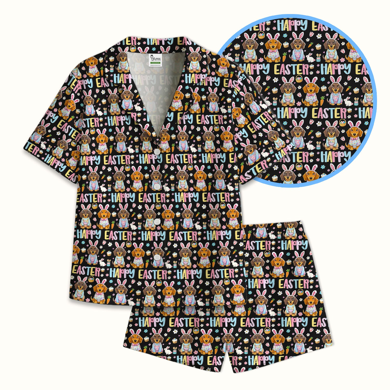 Happy Easter Dachshund Bunny Print Pajama Set, Breathable Fabrics Uniform