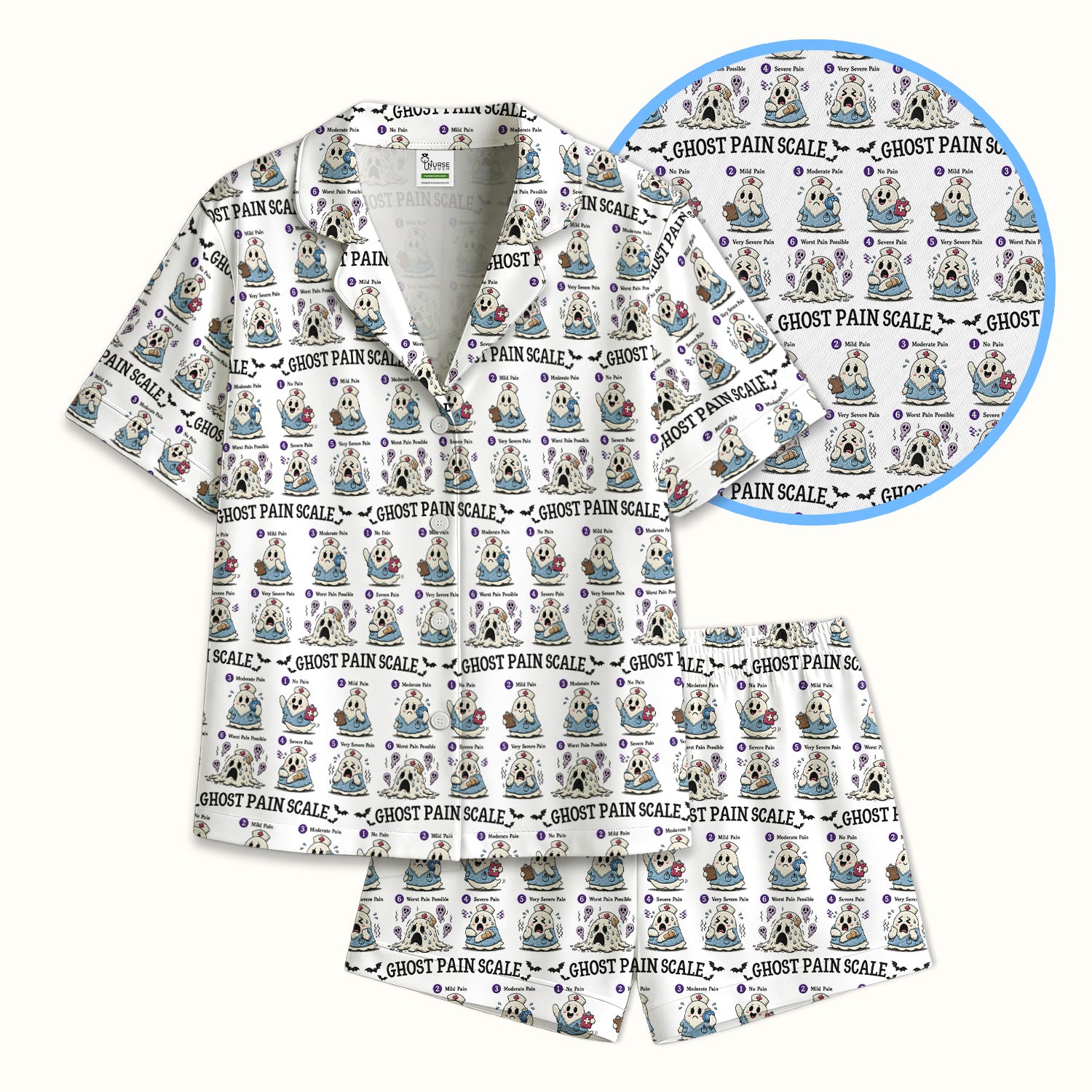 Funny Ghost Pain Scale Pattern Pajama Set, Soft Breathable Fabric Comfortable Sleepwear