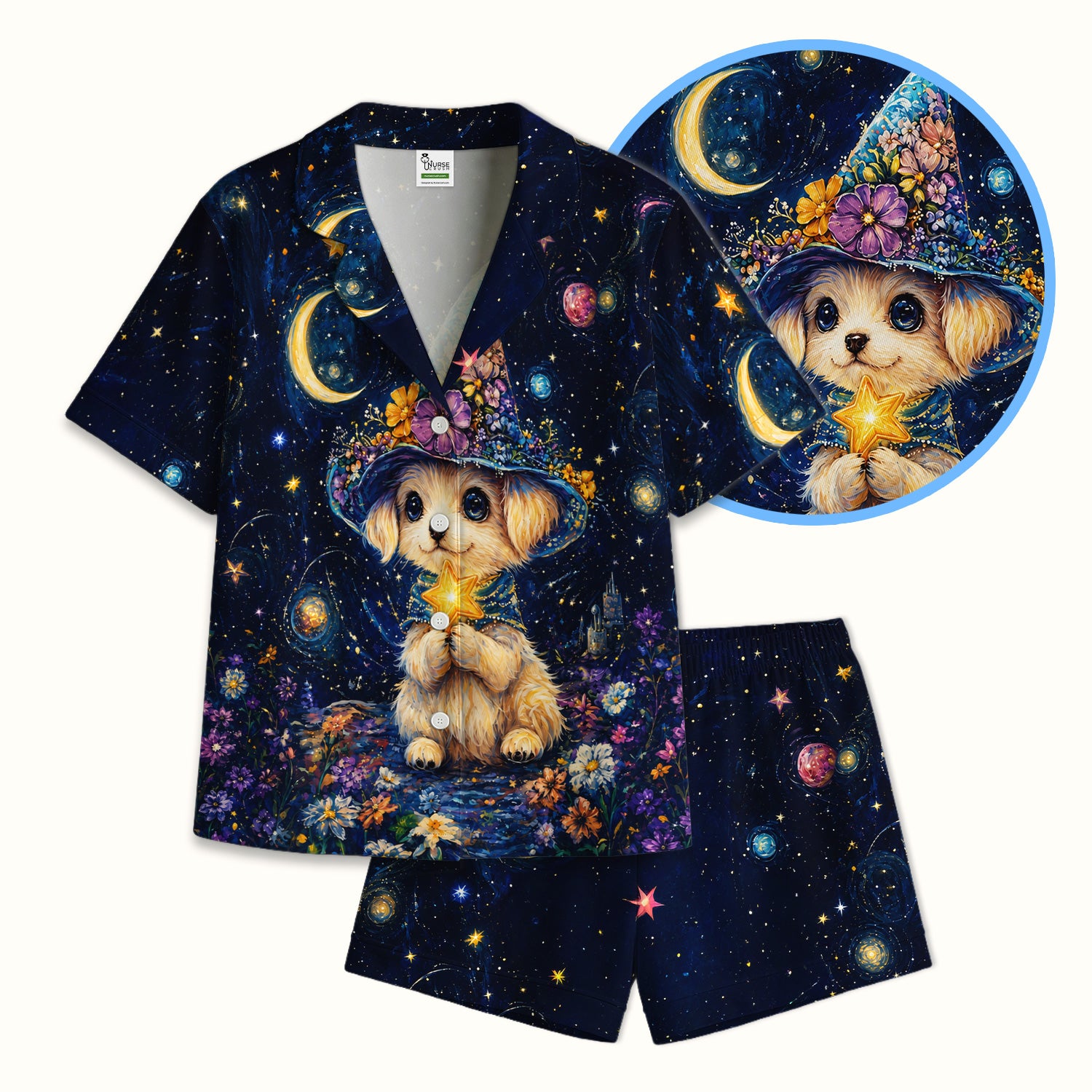Cute Puppy Wizard Nurse Pattern Pajama Set, Soft Breathable Fabric Comfortable Sleepwear