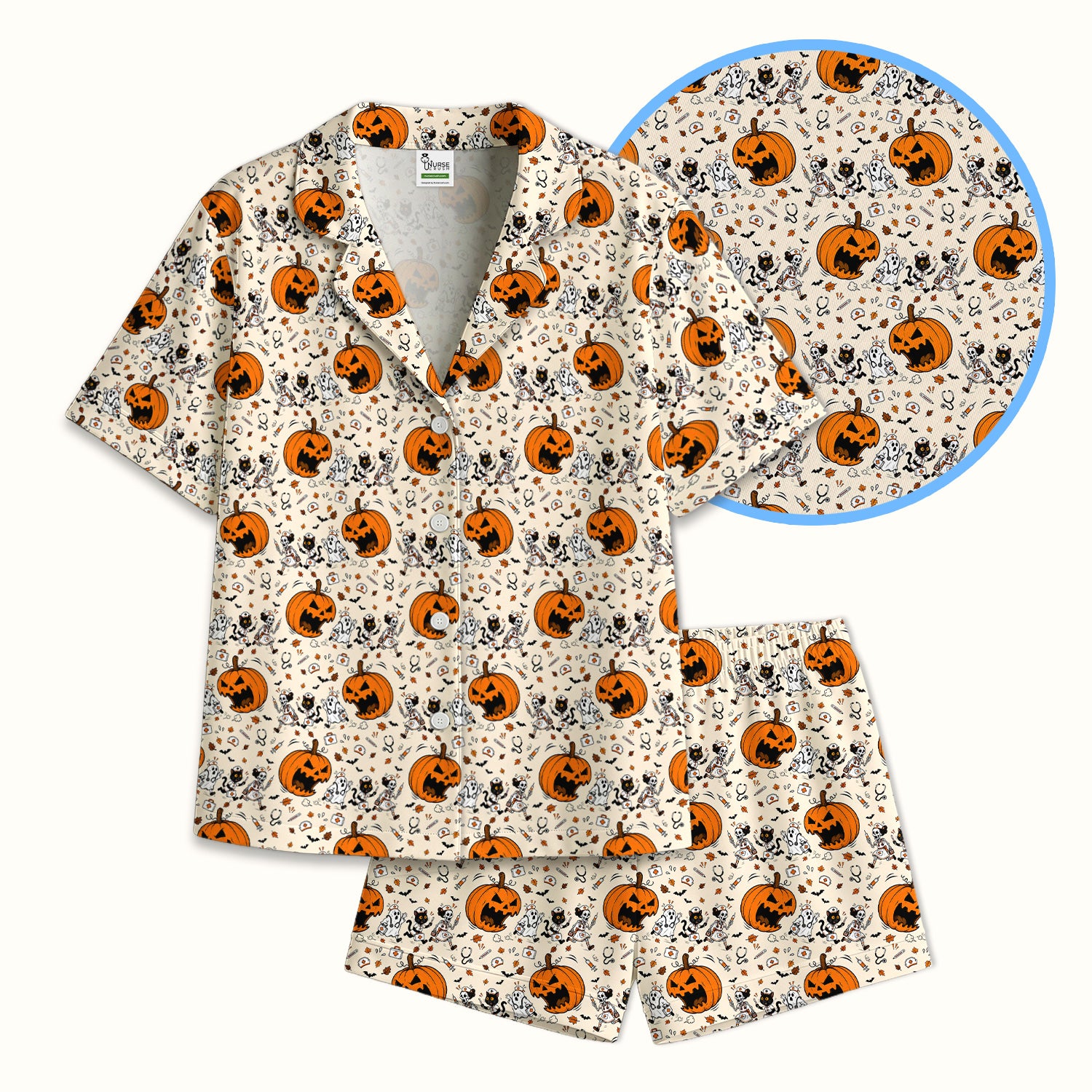Funny Halloween Pumpkin Chasing Nurses Pajama Set, Soft Breathable Fabric Comfortable Sleepwear
