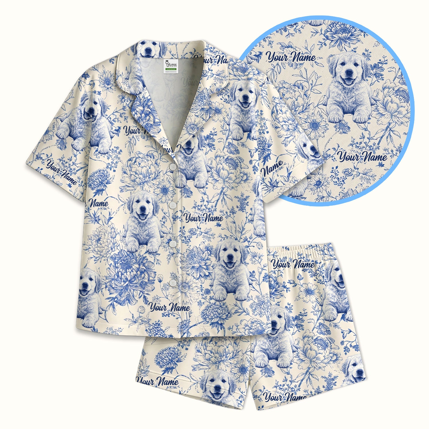 Personalized Custom Pet Photo Name Floral Pattern Pajama Set, Soft Breathable Fabric Comfortable Sleepwear