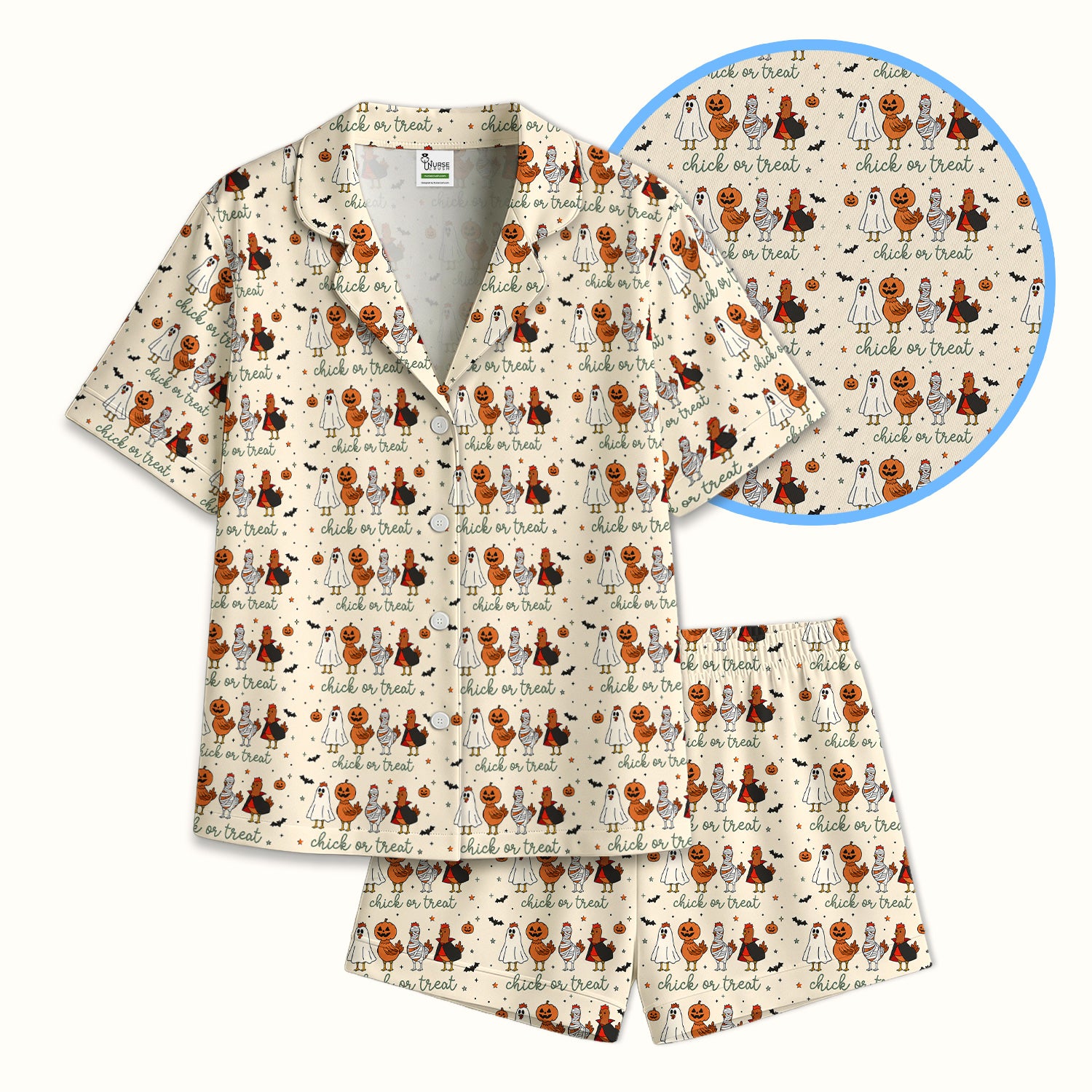 Funny Chick Or Treat Season Pajama Set, Soft Breathable Fabric Comfortable Sleepwear