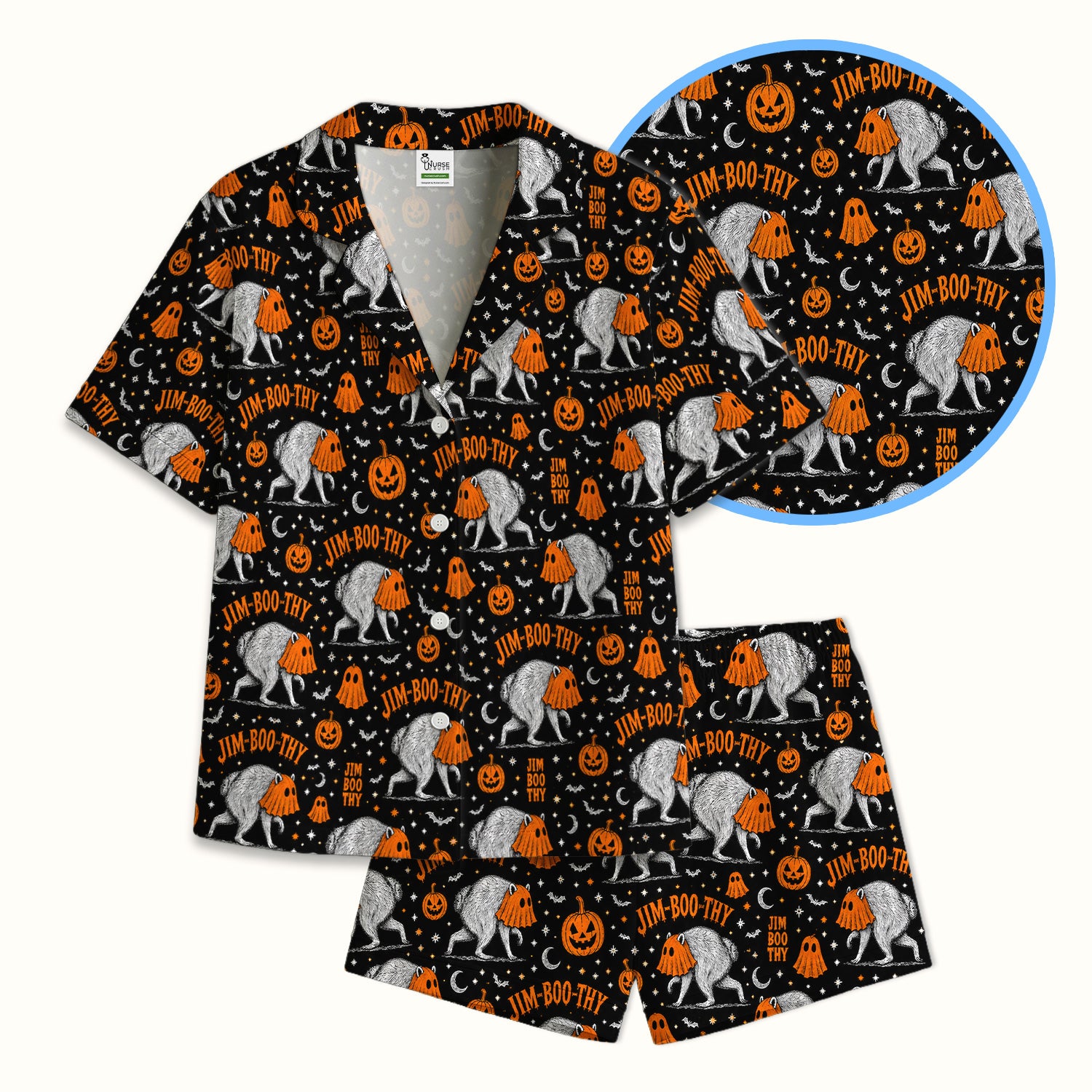 Funny Halloween Ghost Jimothy Pattern Pajama Set, Soft Breathable Fabric Comfortable Sleepwear