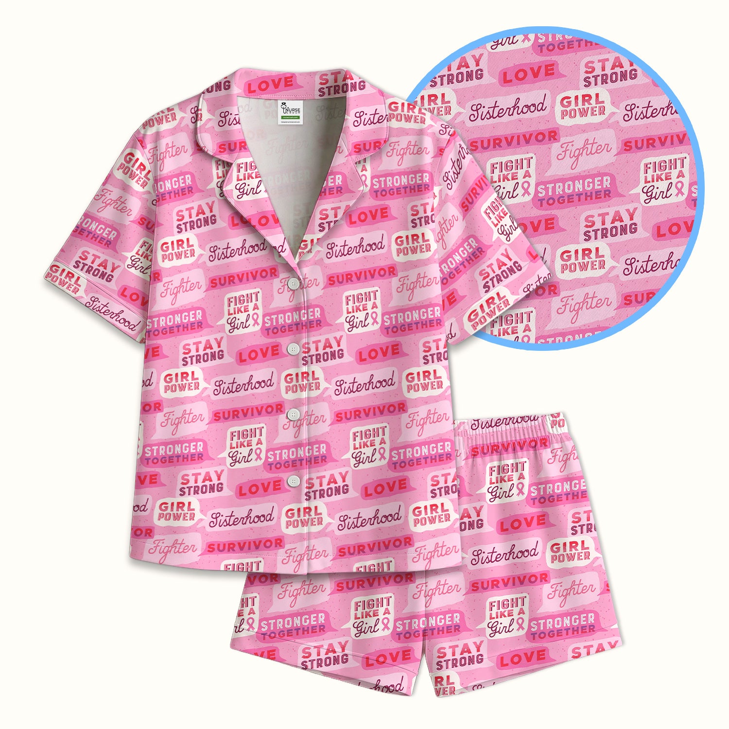 Pink Ribbon Quotes Pajama Set, Soft Breathable Fabric Comfortable Sleepwear