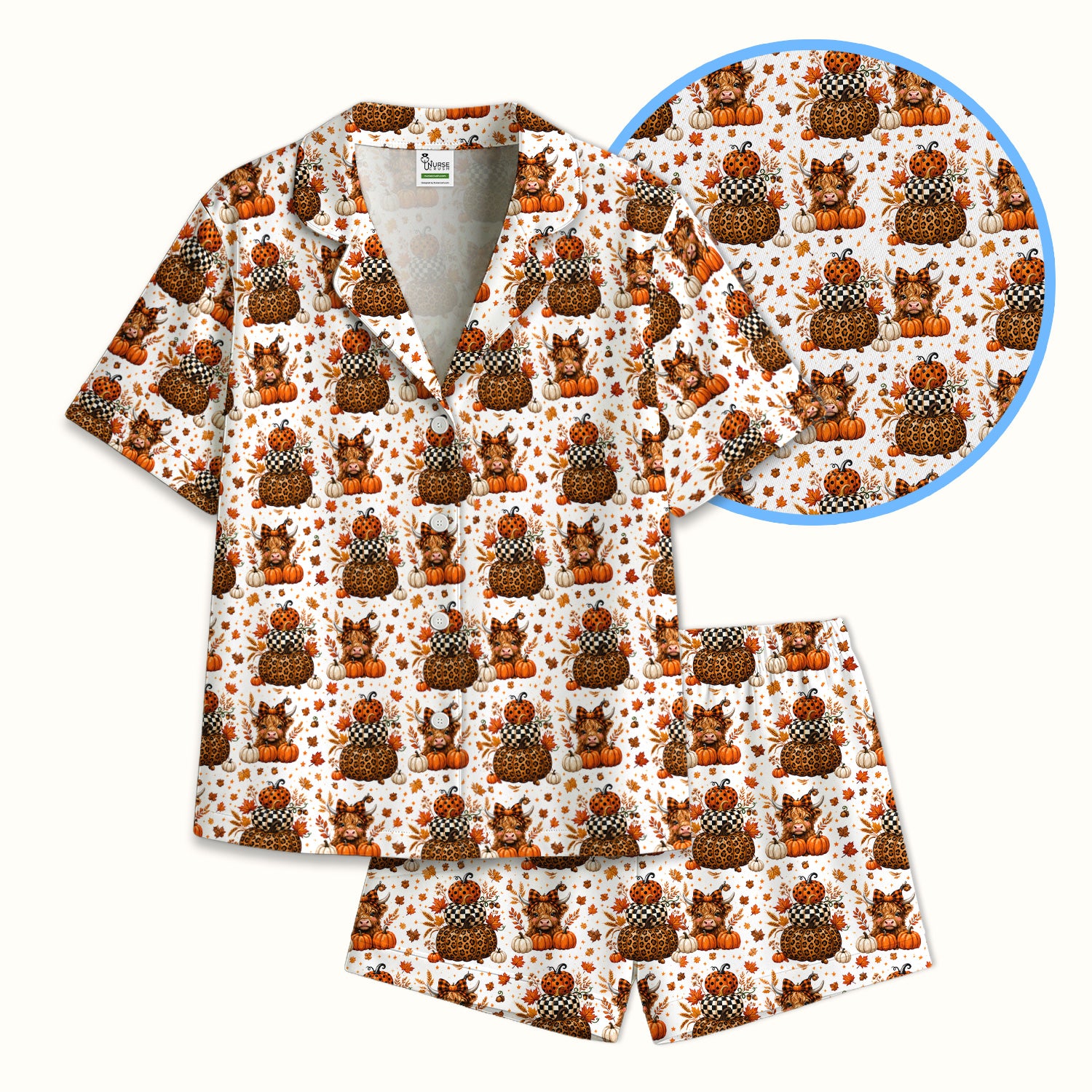 Fall Highland Cow Pattern Pajama Set, Soft Breathable Fabric Comfortable Sleepwear