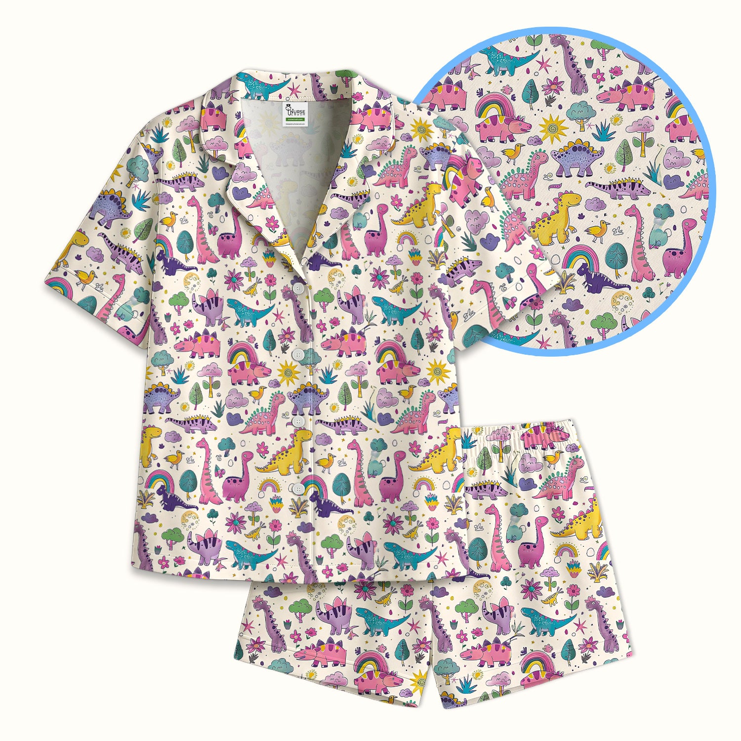 Cute Dinosaur Rainbow Pattern Pajama Set, Soft Breathable Fabric Comfortable Sleepwear