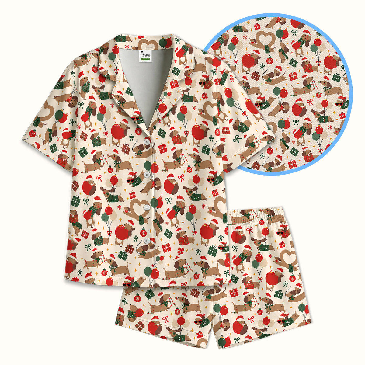 Cute Christmas Dachshund Pattern Pajama Set, Soft Breathable Fabric Comfortable Sleepwear