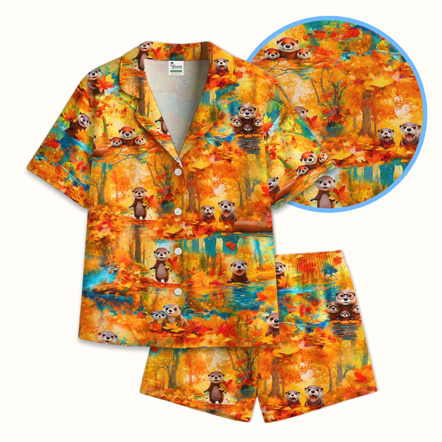 Cute Autumn Otter Leaf Forest Pattern Pajama Set, Soft Breathable Fabric Comfortable Sleepwear