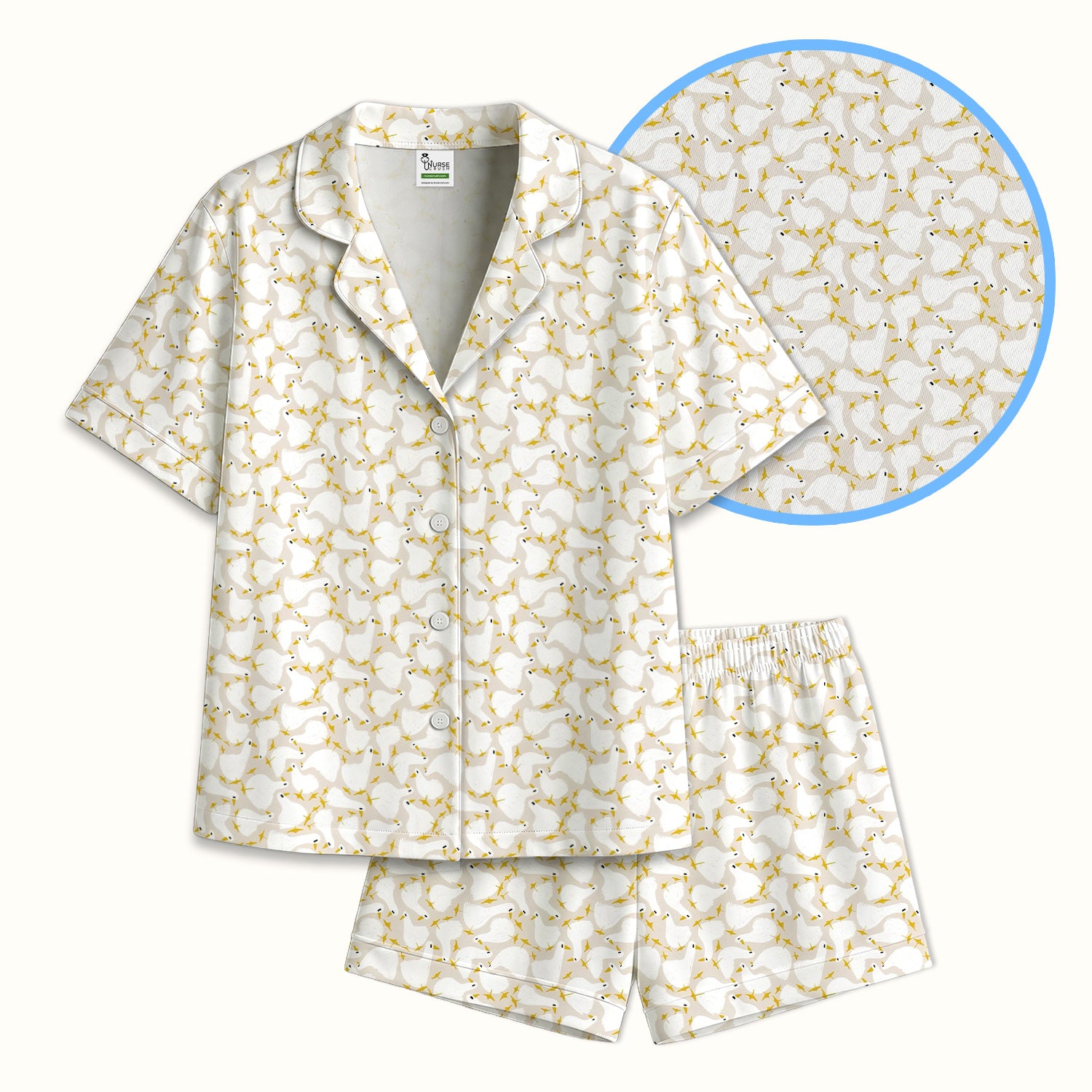 Cute White Goose Yellow Star Pattern Pajama Set, Soft Breathable Fabric Comfortable Sleepwear