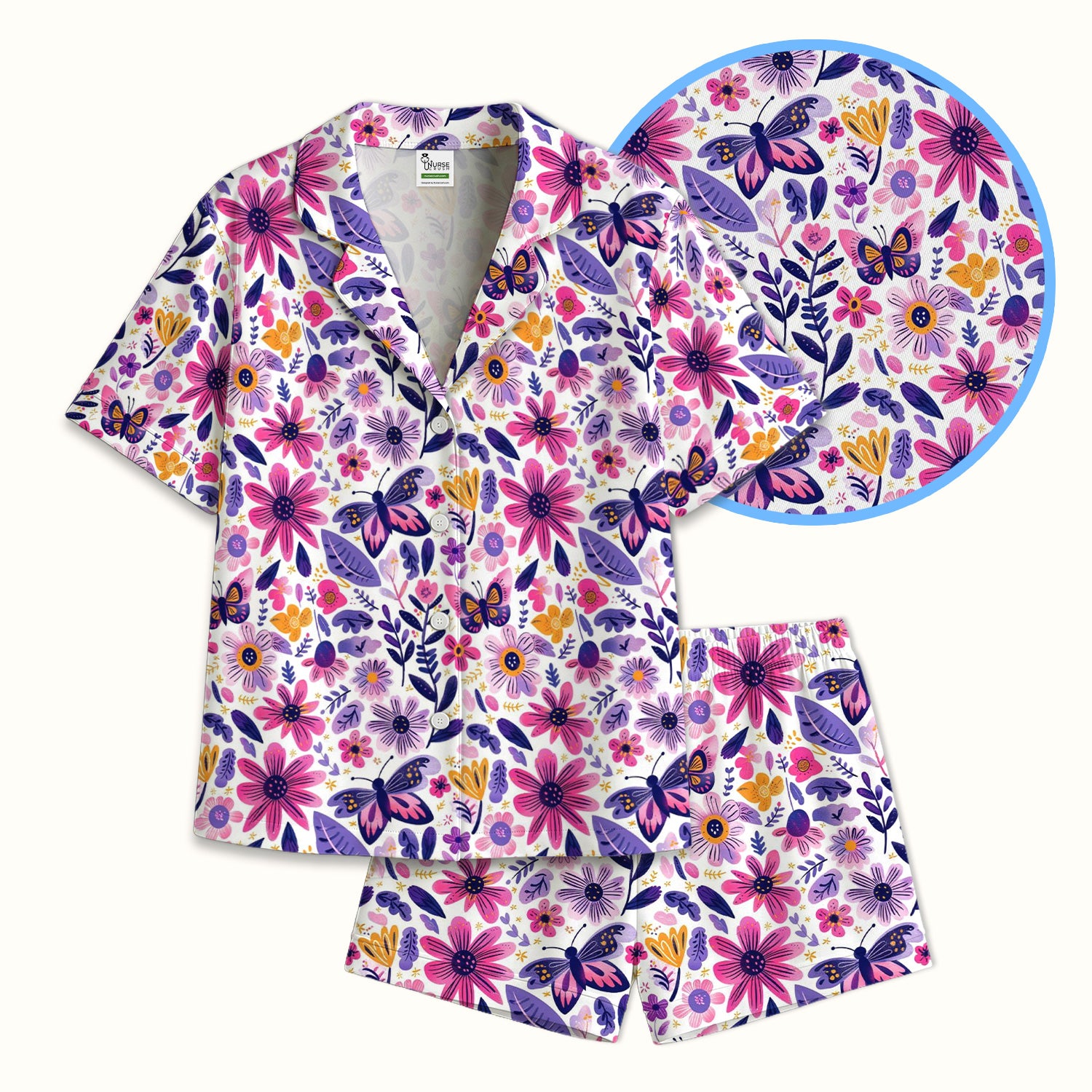 Cute Butterfly Wildflower Garden Pattern Pajama Set, Soft Breathable Fabric Comfortable Sleepwear