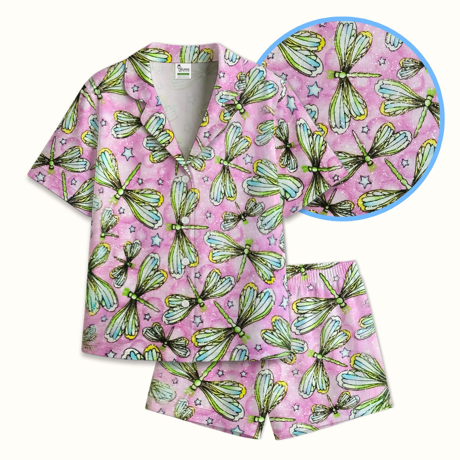Dragonfly On Pink Starry Background Pajama Set, Breathable Fabrics Uniform