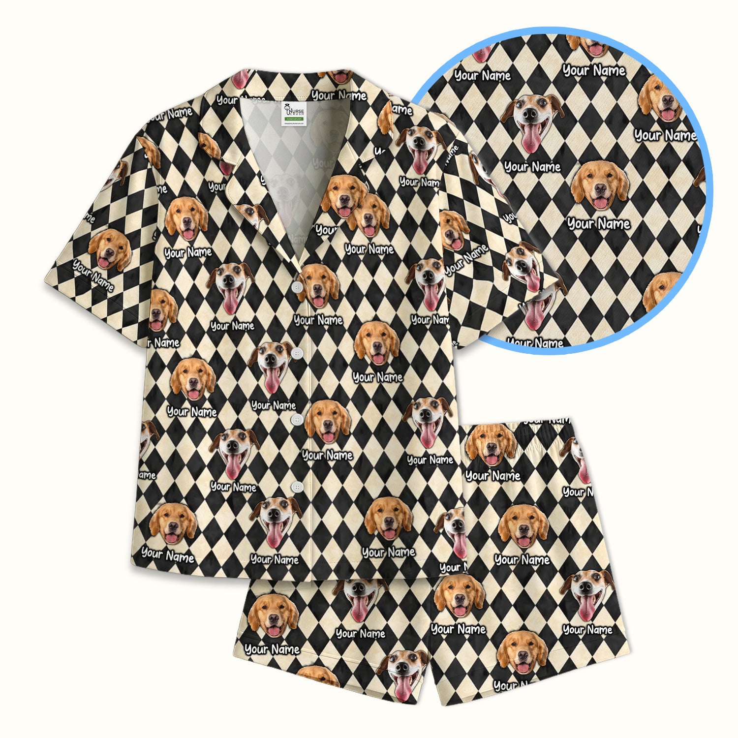 Personalized Pet Portrait Argyle Pajama Set, Soft Breathable Fabric Comfortable Sleepwear