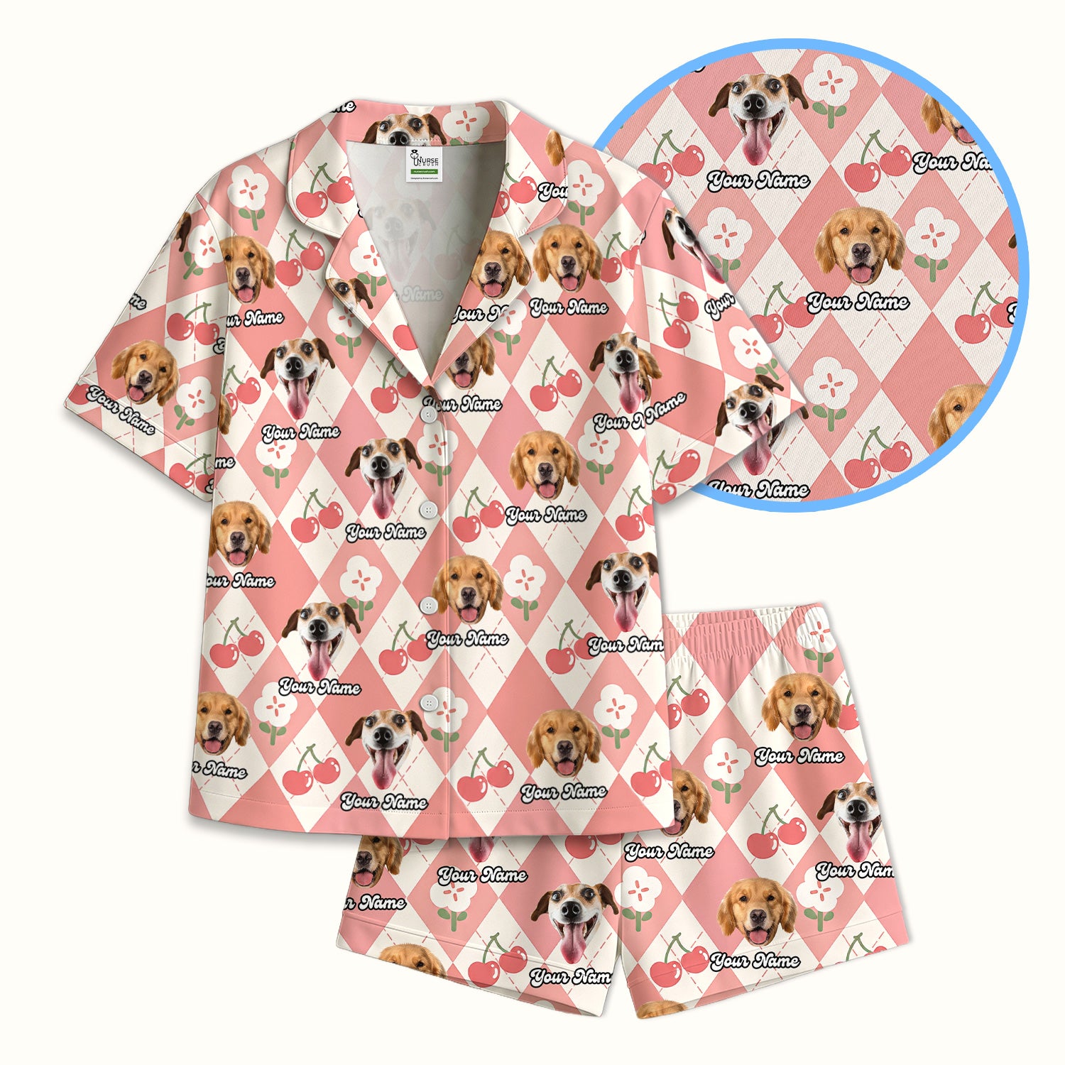 Custom Dog Face Pajama Set, Playful Dog Cherry Argyle Pattern, Soft Breathable Fabric Comfortable Sleepwear