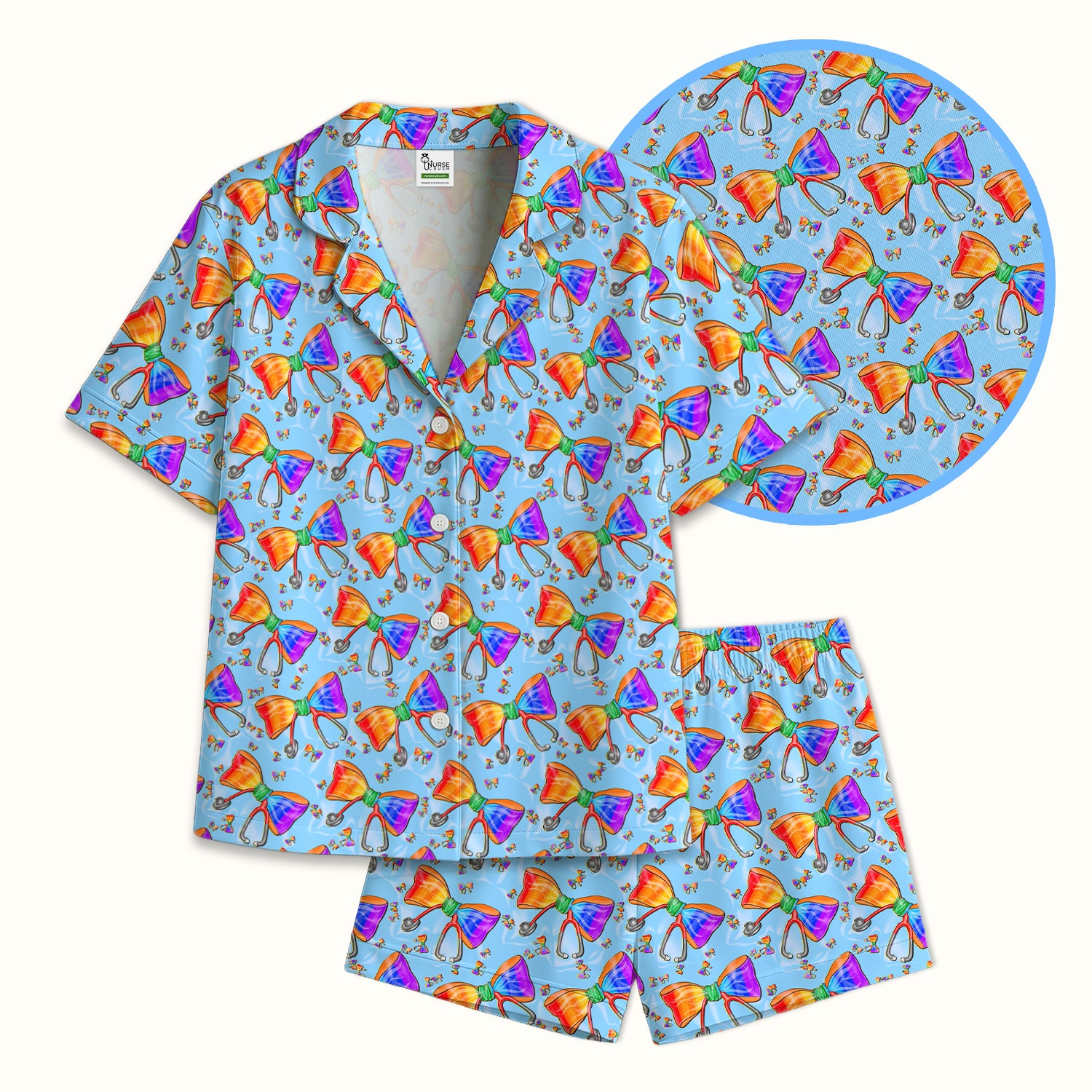 Colorful Rainbow Bow Stethoscope Pattern Pajama Set, Breathable Fabrics Uniform