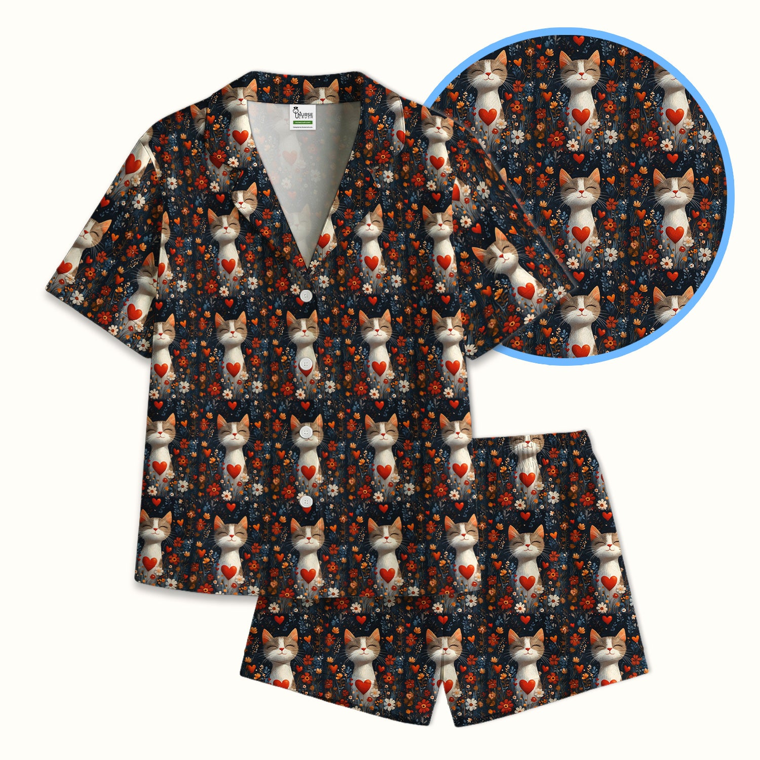 Cat Heart Floral Garden Pattern Pajama Set, Breathable Fabrics Uniform