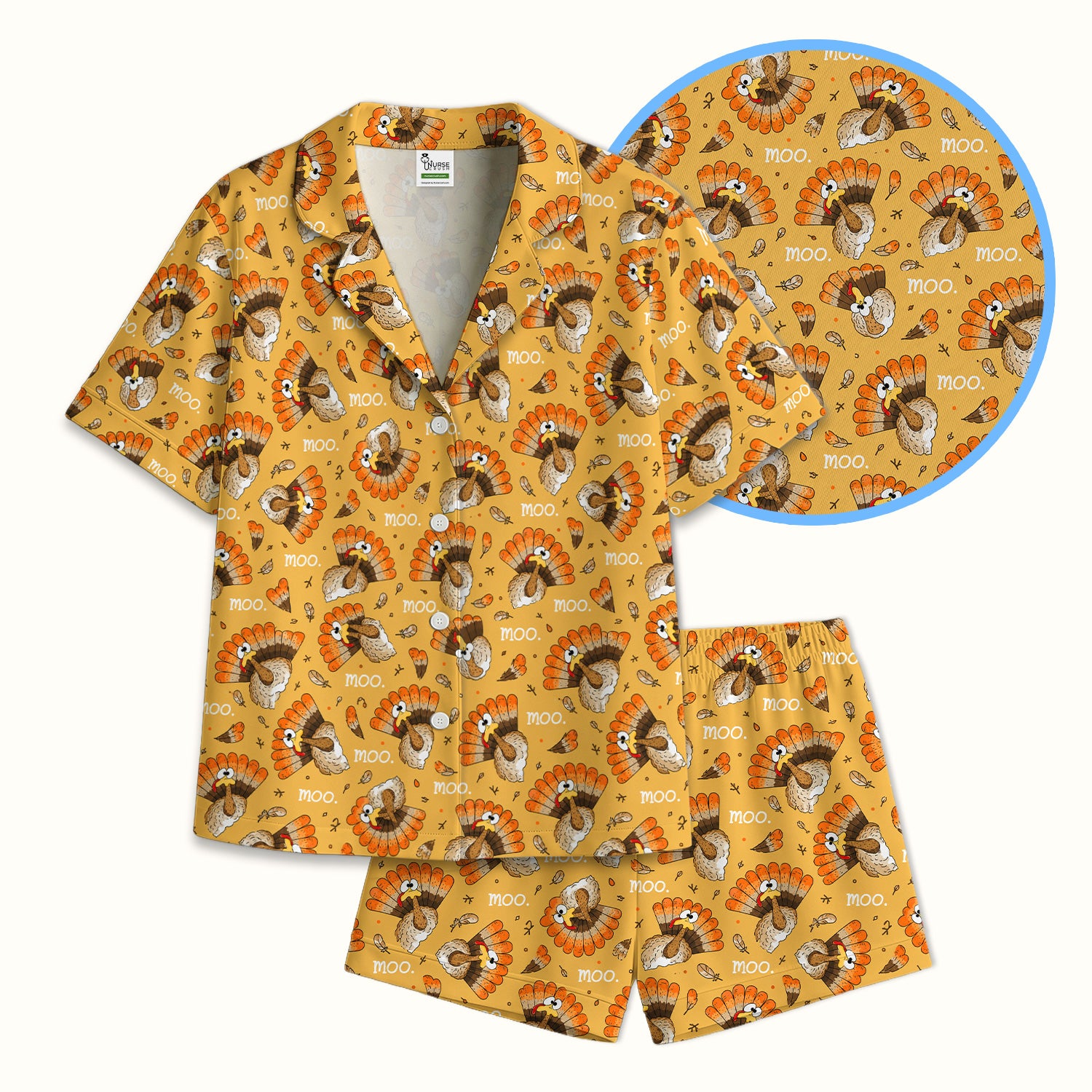 Funny Thanksgiving Moo Turkey Pajama Set, Soft Breathable Fabric Comfortable Sleepwear