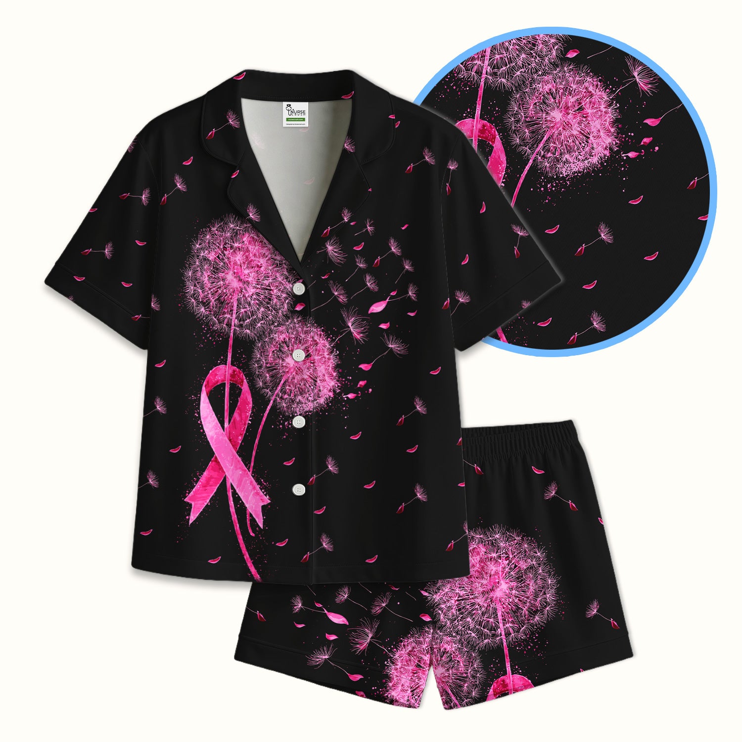 Meaningful Pink Ribbon Dandelion Pajama Set, Soft Breathable Fabric Comfortable Sleepwear