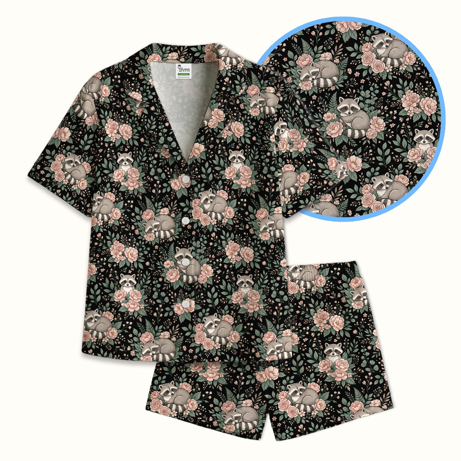 Sleeping Raccoon Rose Garden Pattern Pajama Set, Soft Breathable Fabric Comfortable Sleepwear