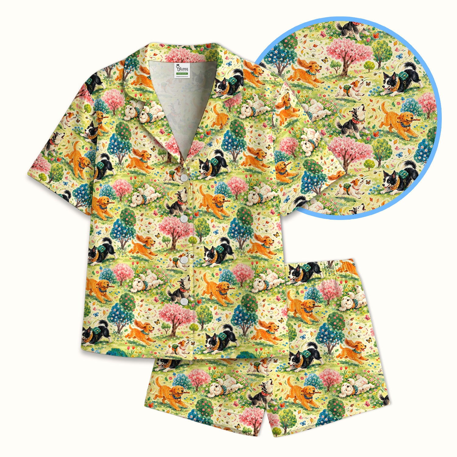 Playful Spring Garden Dogs Pattern Pajama Set, Soft Breathable Fabric Comfortable Sleepwear