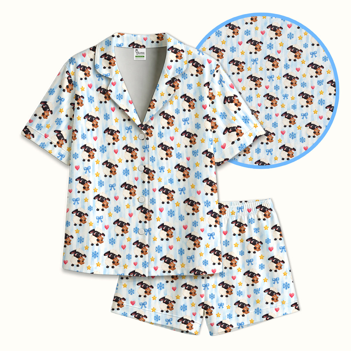 Cute Winter Lambs Holding Teddy Bears Pajama Set, Soft Breathable Fabric Comfortable Sleepwear
