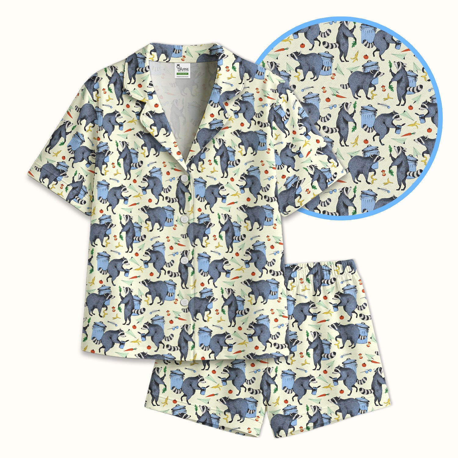 Funny Nurse Raccoon Eating Trash Banana Pajama Set, Breathable Fabrics Uniform