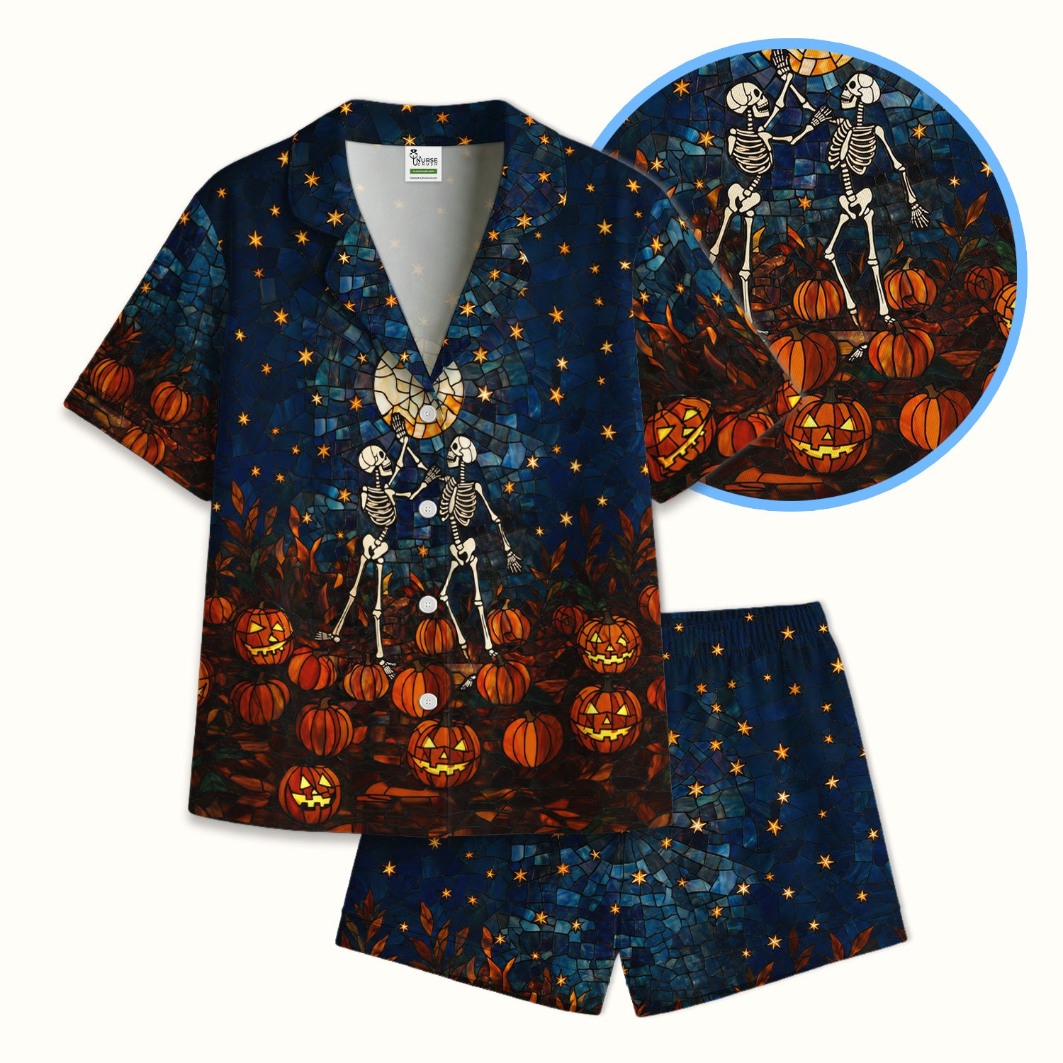 Halloween Skeleton Pumpkin Patch Pajama Set, Soft Breathable Fabric Comfortable Sleepwear