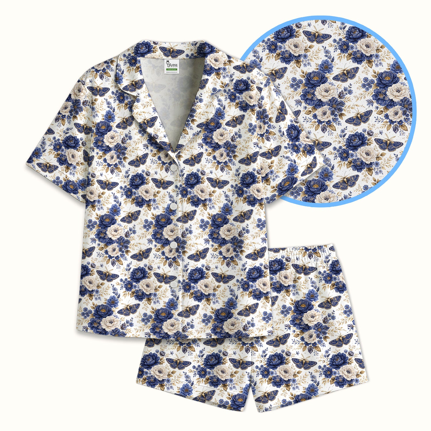 Cute Blue Floral Moth Pattern Pajama Set, Soft Breathable Fabric Comfortable Sleepwear