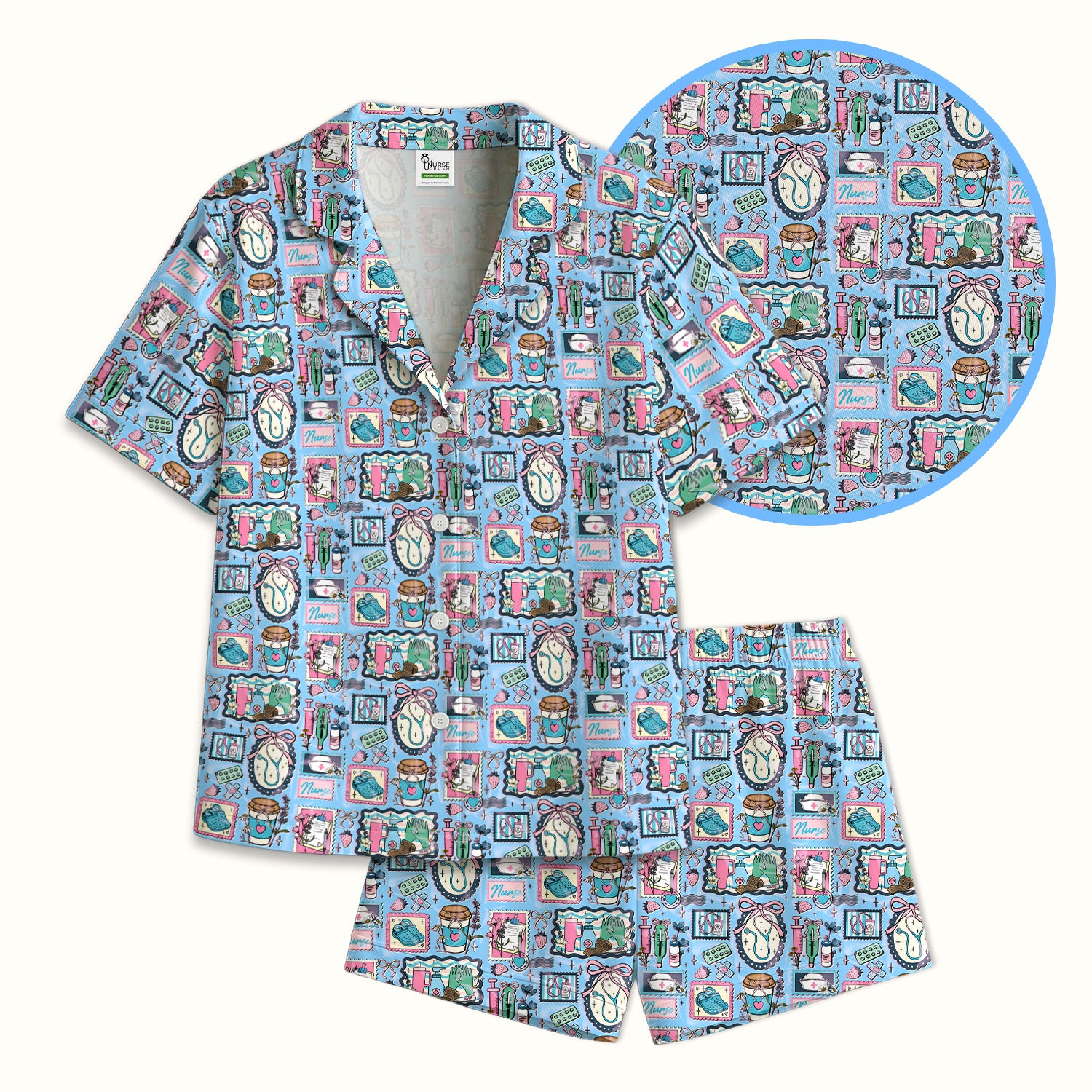 Medical Tools Stethoscope Syringe Frame Pajama Set, Breathable Fabrics Uniform