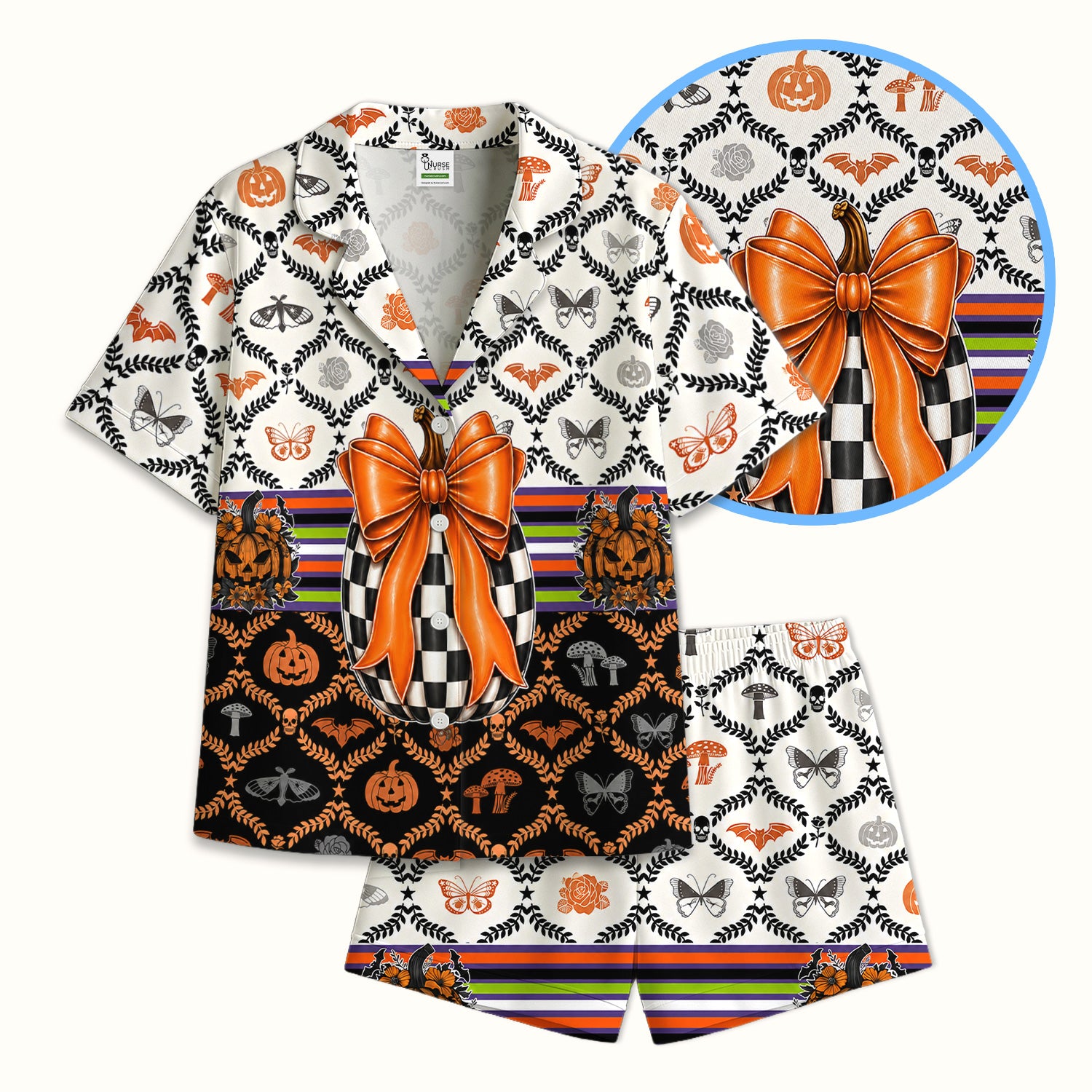 Halloween Checkered Pumpkin With Bow Pattern Pajama Set, Soft Breathable Fabric Comfortable Sleepwear