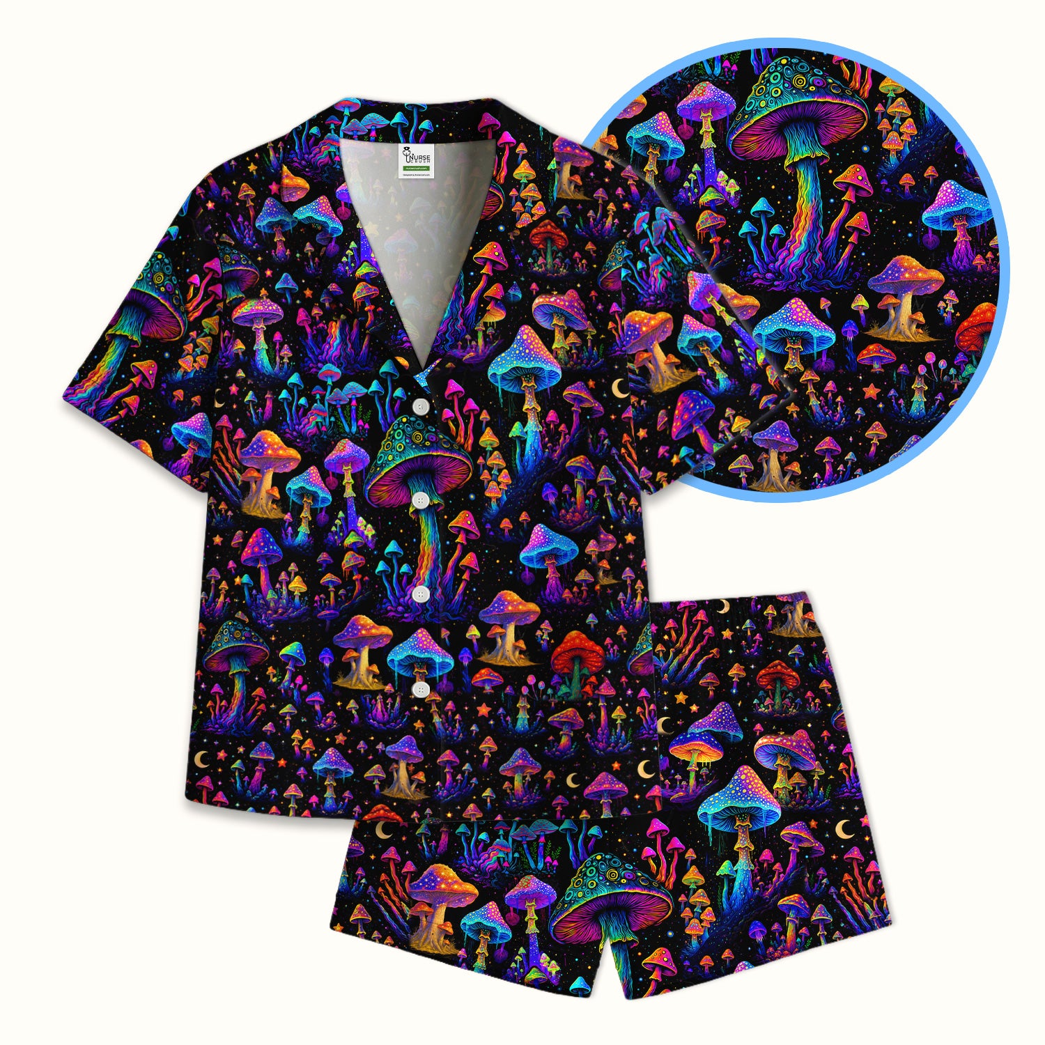 Neon Fantasy Mushroom Print Pajama Set, Soft Breathable Fabric Comfortable Sleepwear
