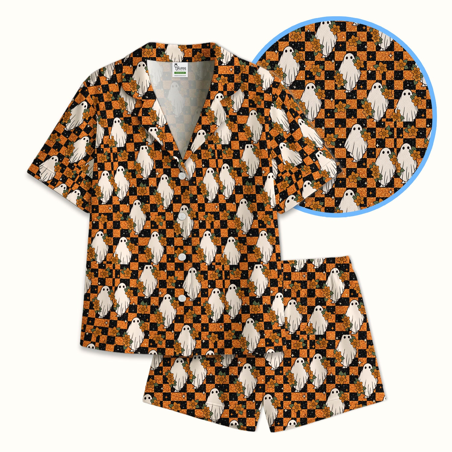 Spooky Halloween Ghost Checkerboard Pajama Set, Soft Breathable Fabric Comfortable Sleepwear