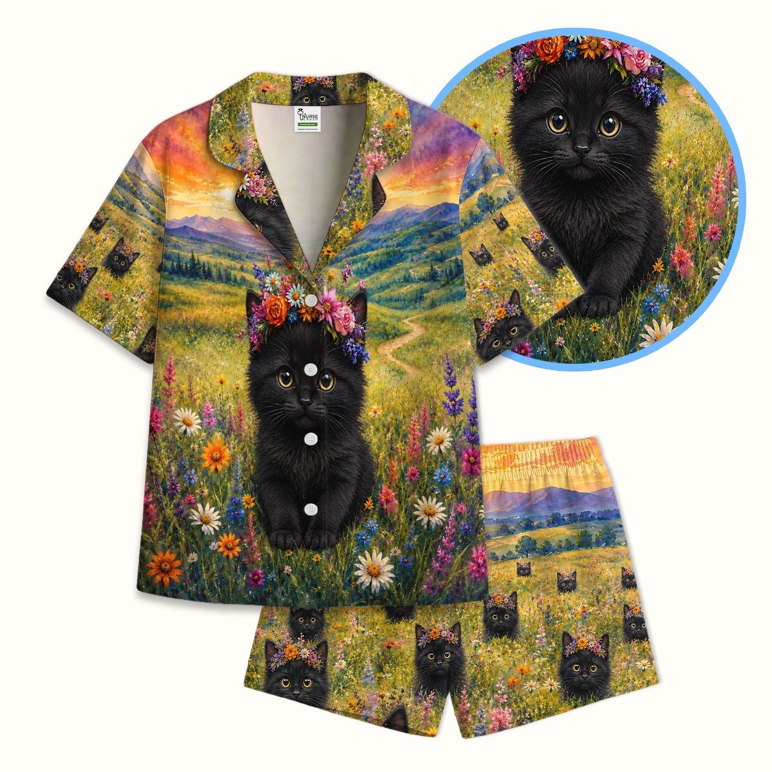 Black Kitten Flower Meadow Pattern Pajama Set, Soft Breathable Fabric Comfortable Sleepwear