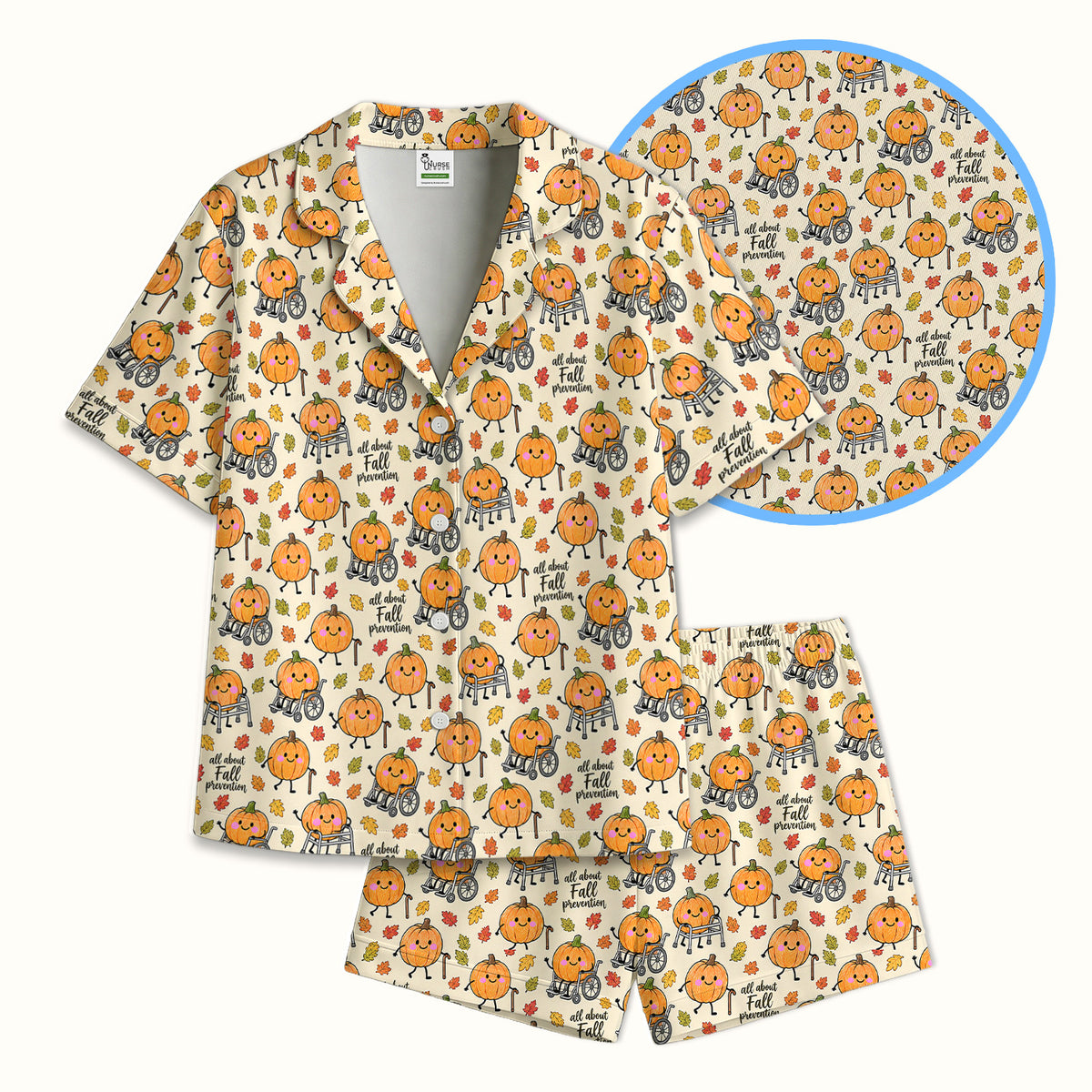 Cute Fall Prevention Pumpkin Pattern Pajama Set, Soft Breathable Fabric Comfortable Sleepwear