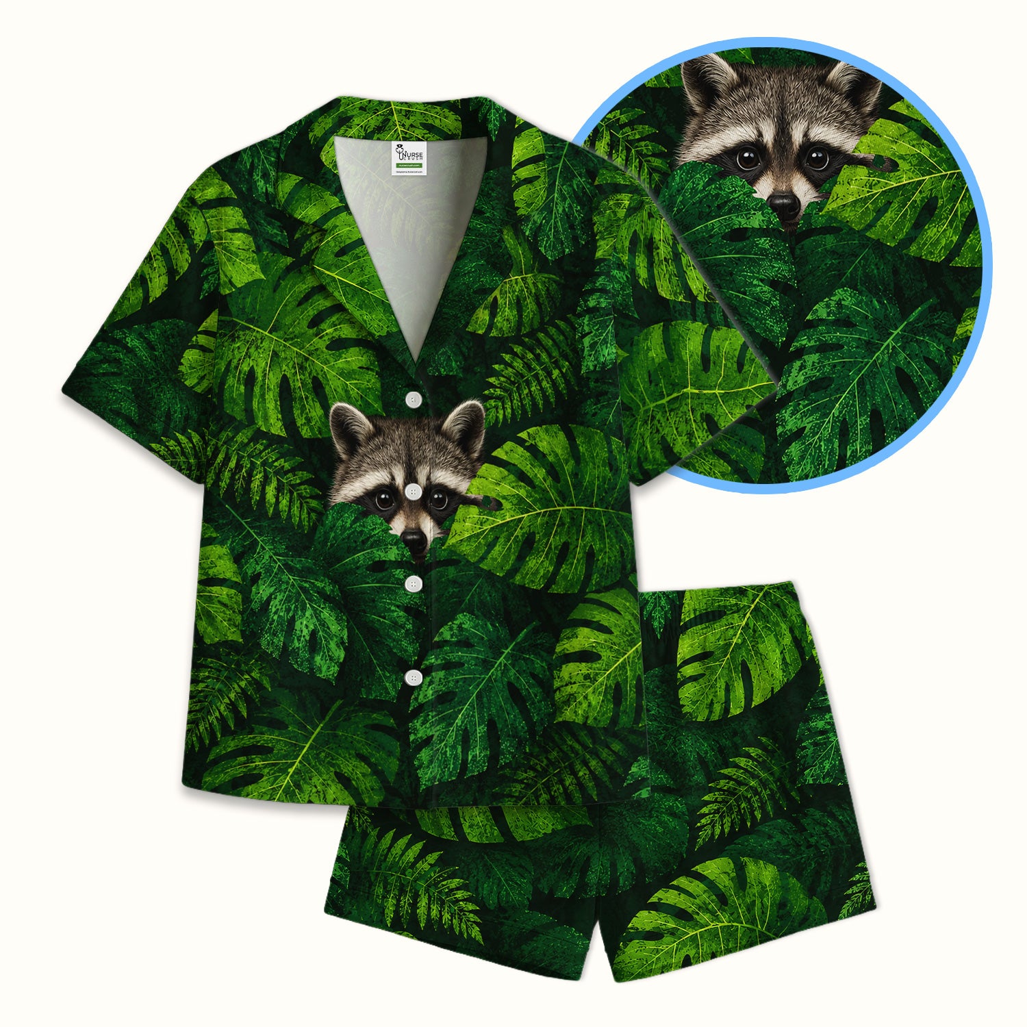 Cute Raccoon Tropical Leaf Pattern Pajama Set, Soft Breathable Fabric Comfortable Sleepwear