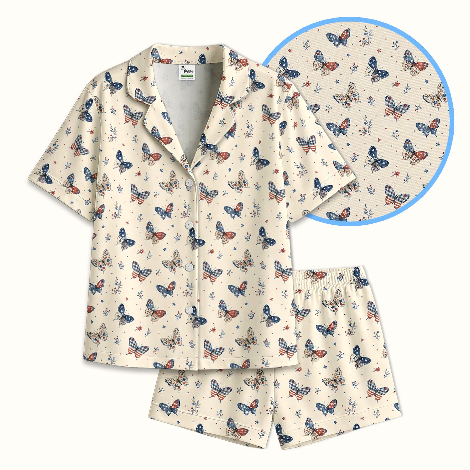 Fourth Of July Butterfly Print Pajama Set, Soft Breathable Fabric Comfortable Sleepwear