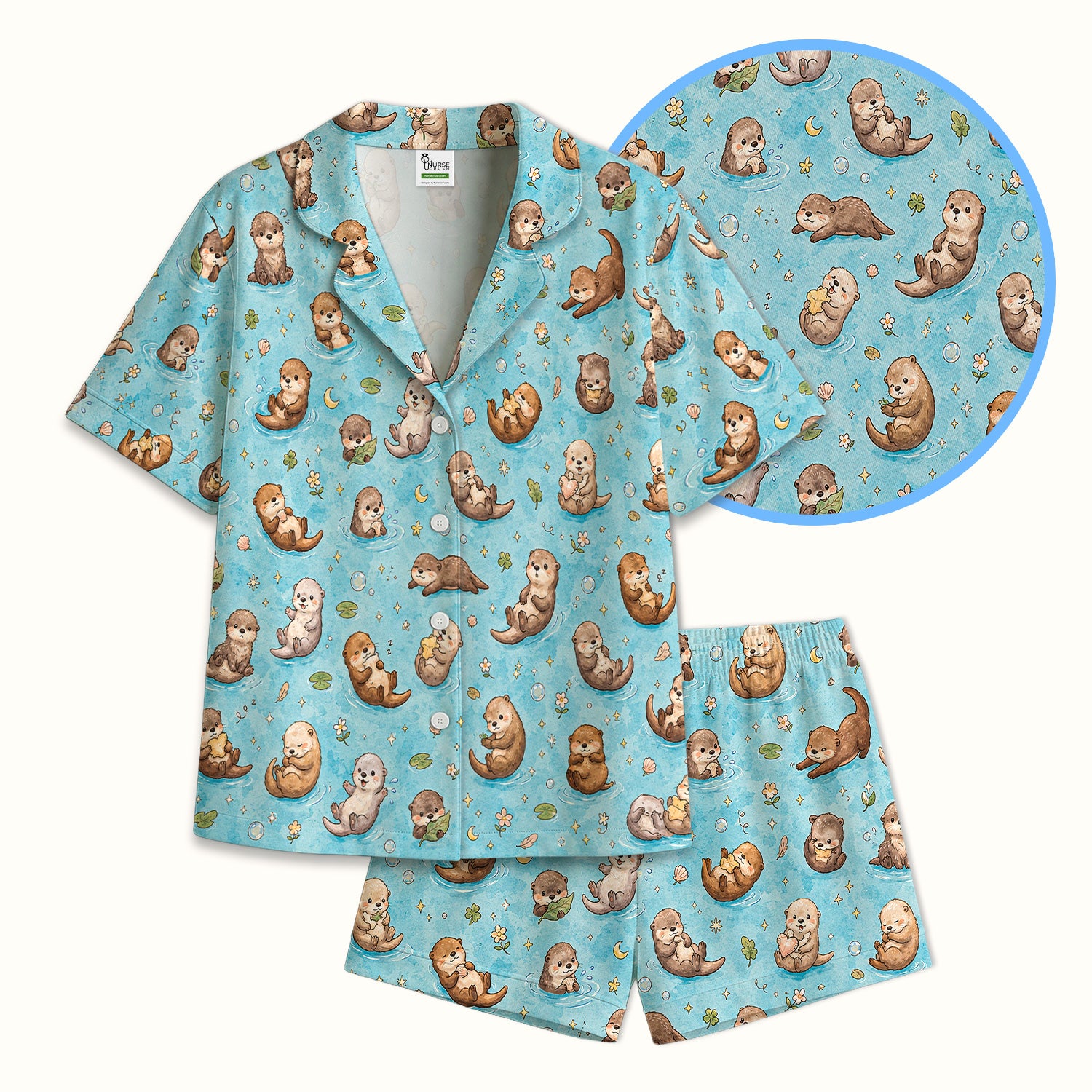 Cute Otter Pond Nurse Print Pajama Set, Soft Breathable Fabric Comfortable Sleepwear