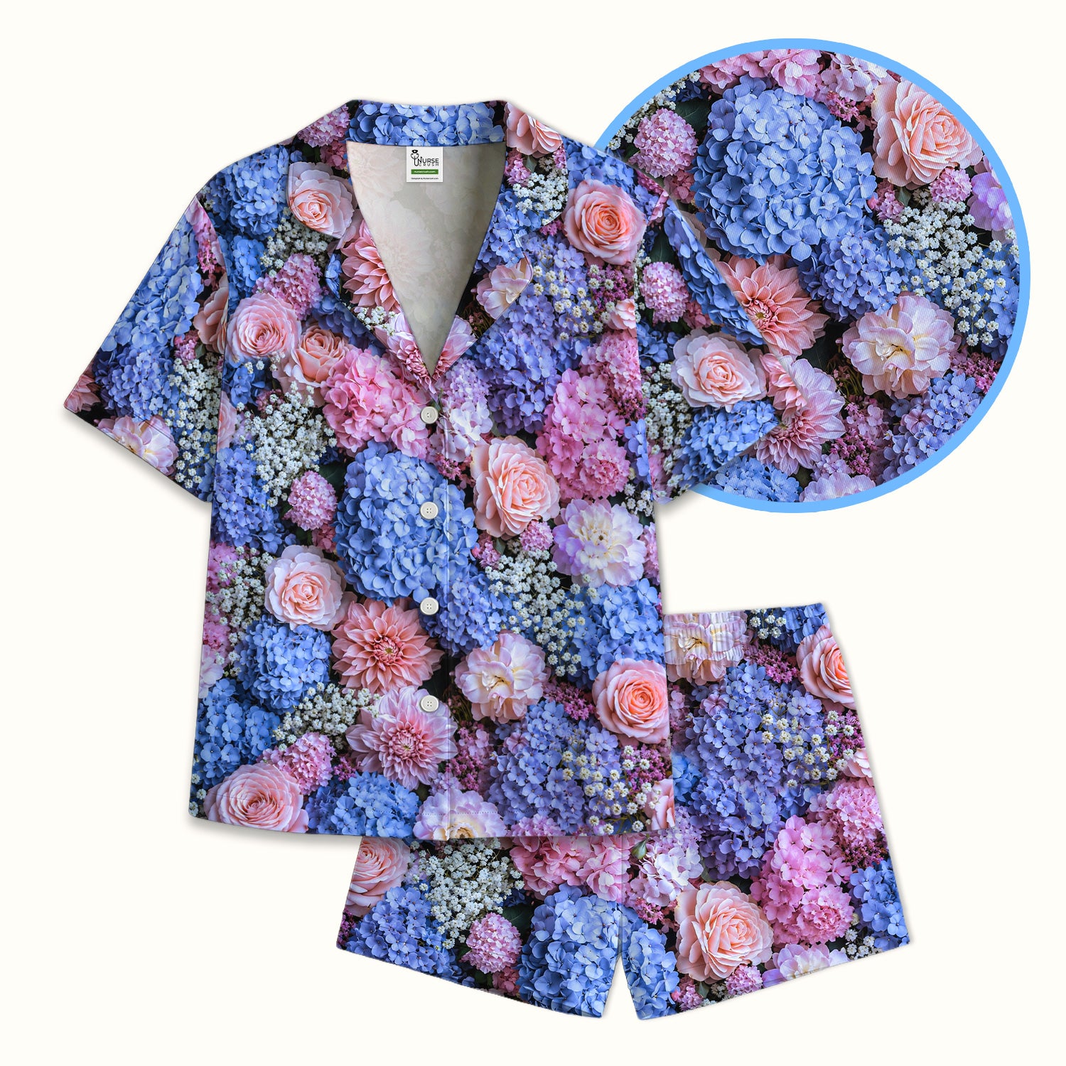 Cute Pastel Hydrangea Rose Blossom Pattern Pajama Set, Soft Breathable Fabric Comfortable Sleepwear