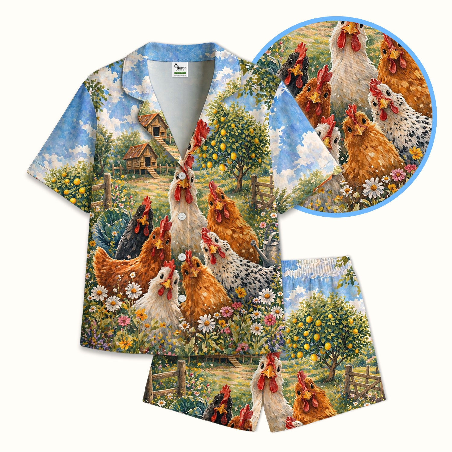 Rustic Chicken Family Farm Garden Pattern Nurse Pajama Set, Soft Breathable Fabric Comfortable Sleepwear