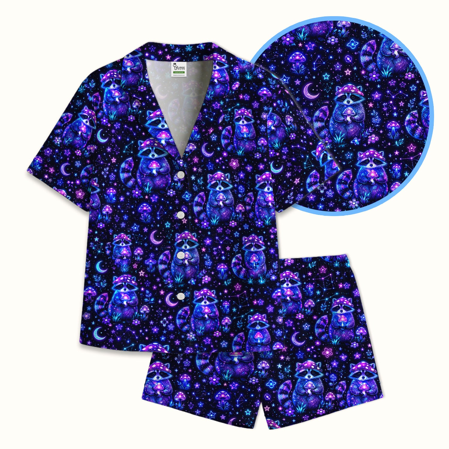 Neon Mushroom Raccoon Nurse Pattern Pajama Set, Soft Breathable Fabric Comfortable Sleepwear