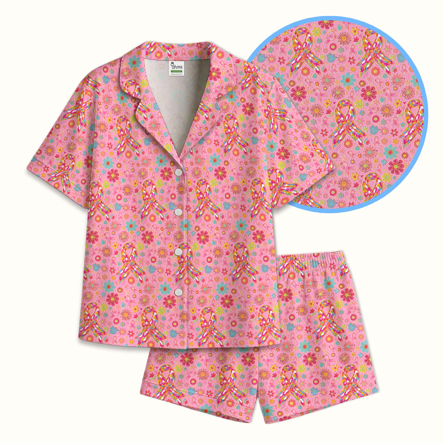 Colorful Pink Ribbon Floral Pajama Set, Soft Breathable Fabric Comfortable Sleepwear