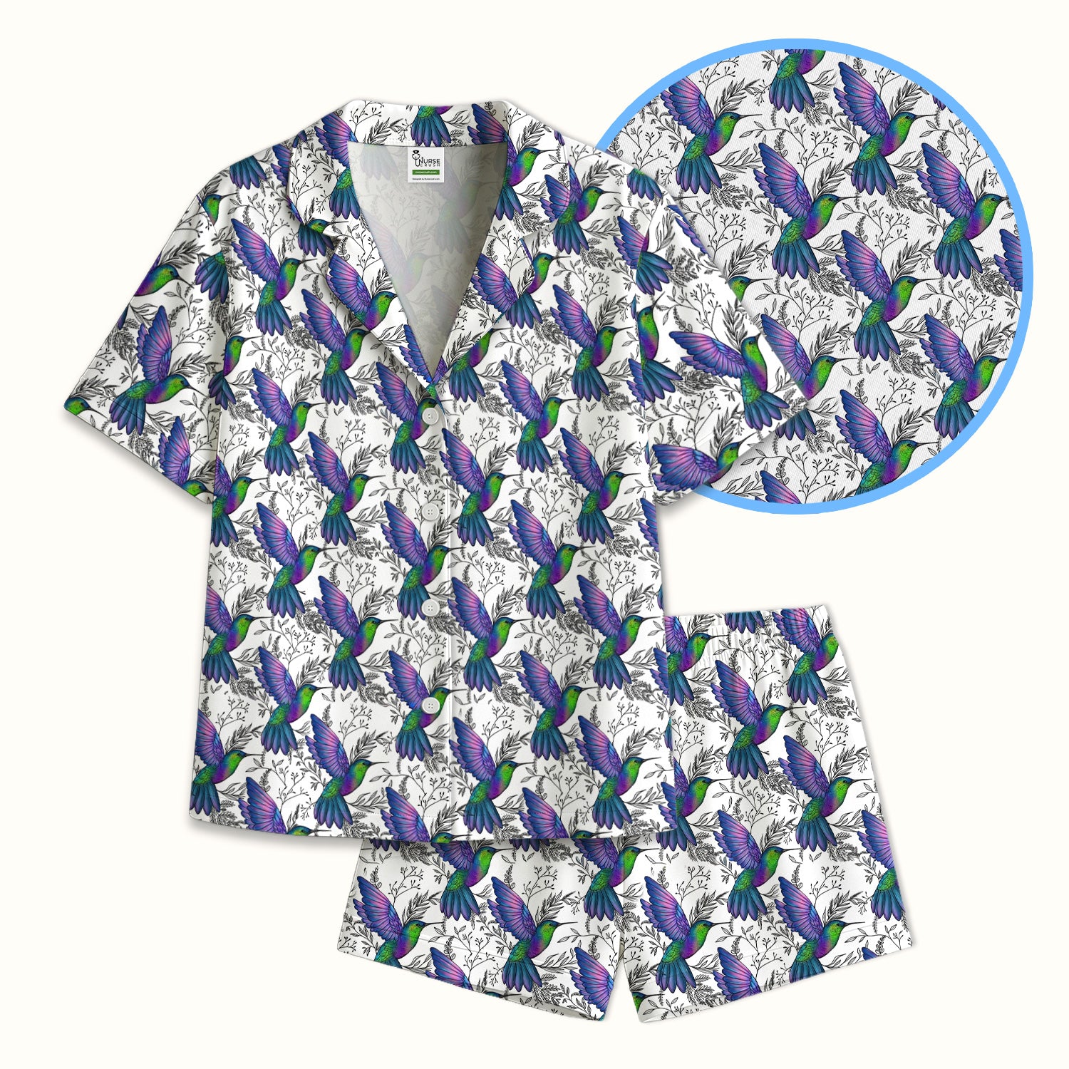 Colorful Hummingbird Flying Botanical Pattern Pajama Set, Soft Breathable Fabric Comfortable Sleepwear
