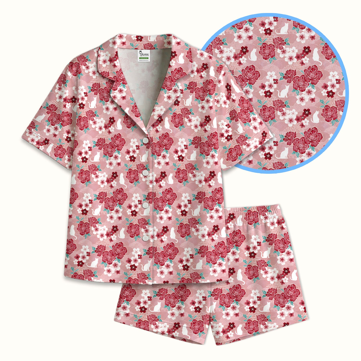 Floral White Cat Nurse Pajama Set, Soft Breathable Fabric Comfortable Sleepwear