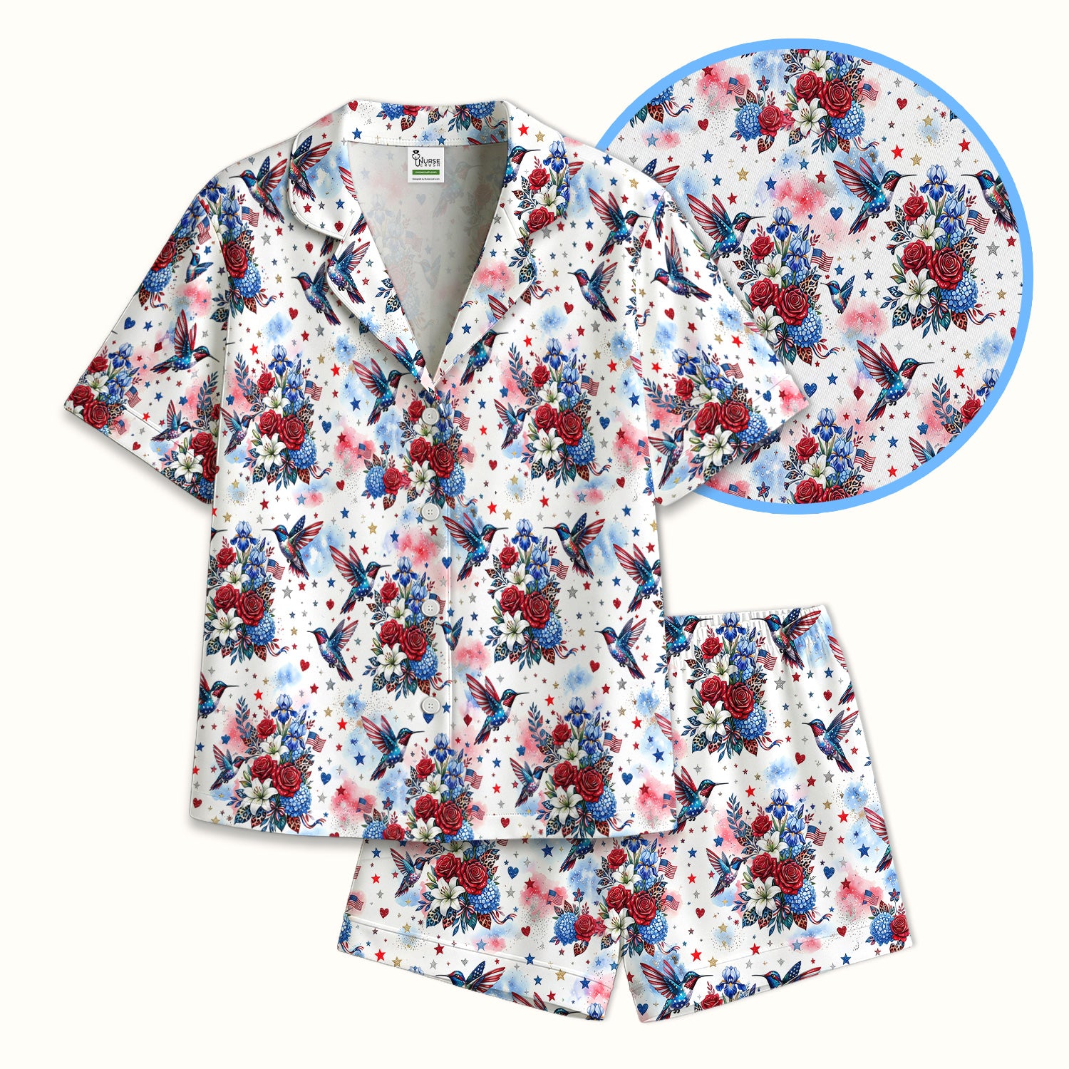 Patriotic Hummingbird Floral Bouquet Pattern Pajama Set, Soft Breathable Fabric Comfortable Sleepwear