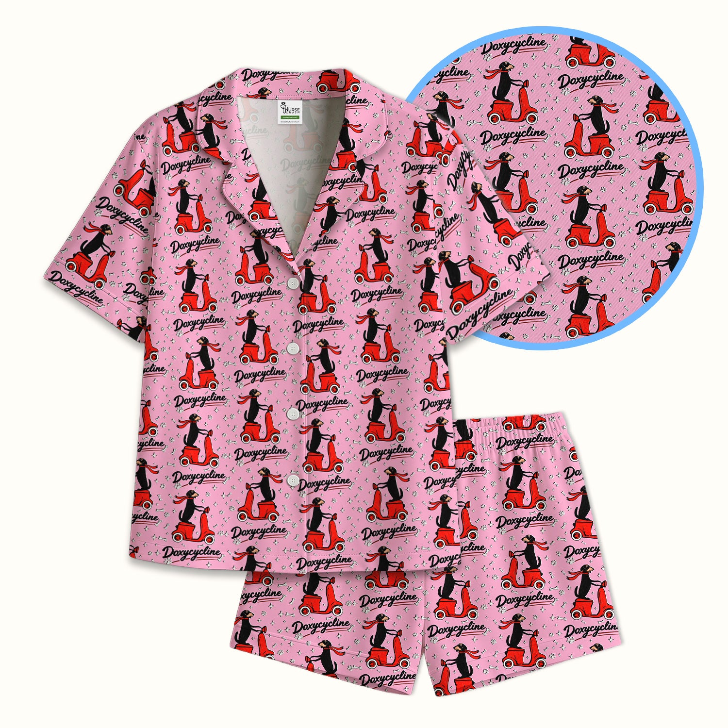 Funny Dachshund Riding Scooter Doxycycline Print Pajama Set, Breathable Fabrics Uniform