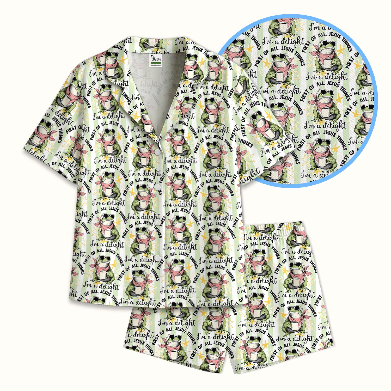 Funny Frog Coffee Quote Pattern Pajama Set, Soft Breathable Fabric Comfortable Sleepwear