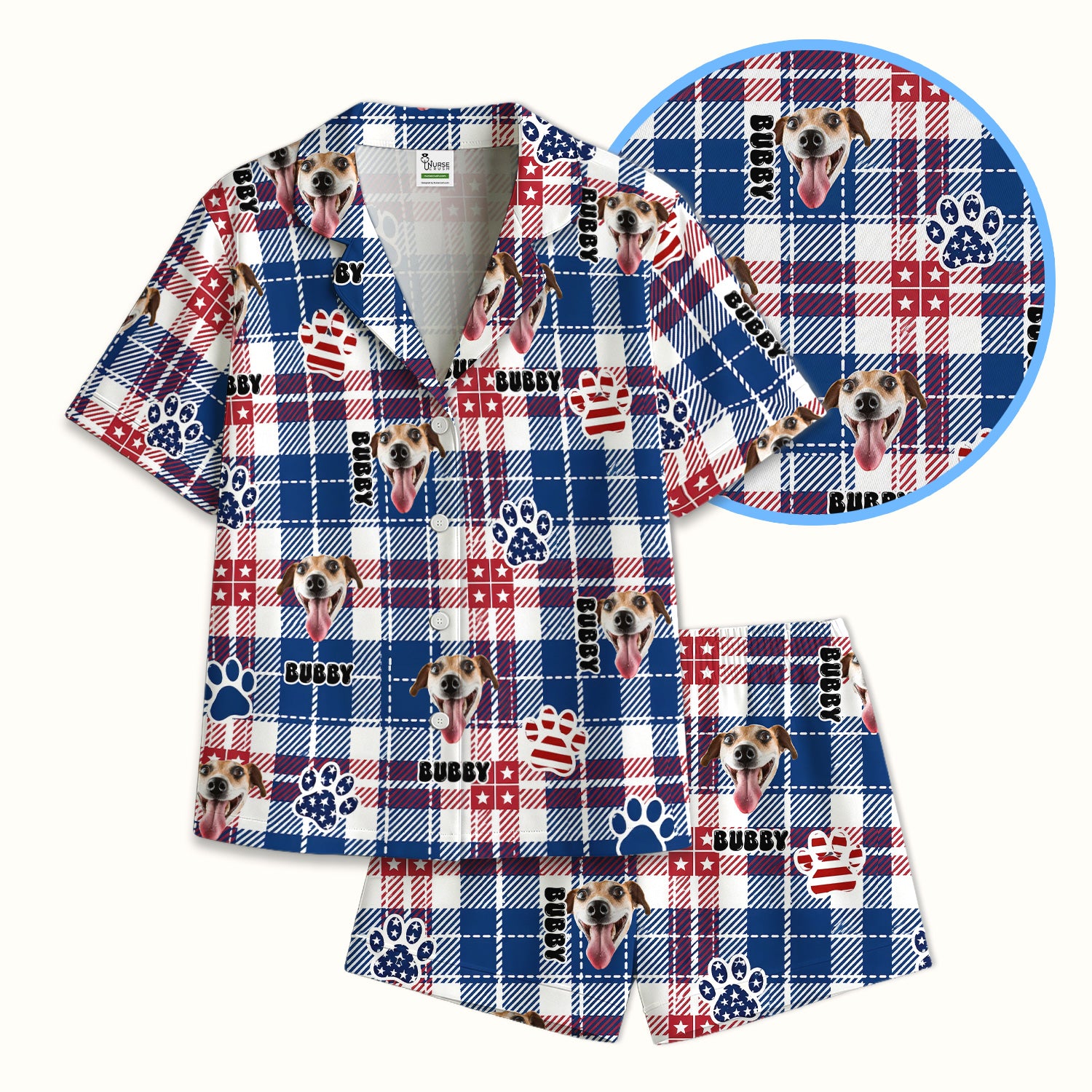 Custom Dog Face Pajama Set, Patriotic Dog Plaid Pattern, Soft Breathable Fabric Comfortable Sleepwear
