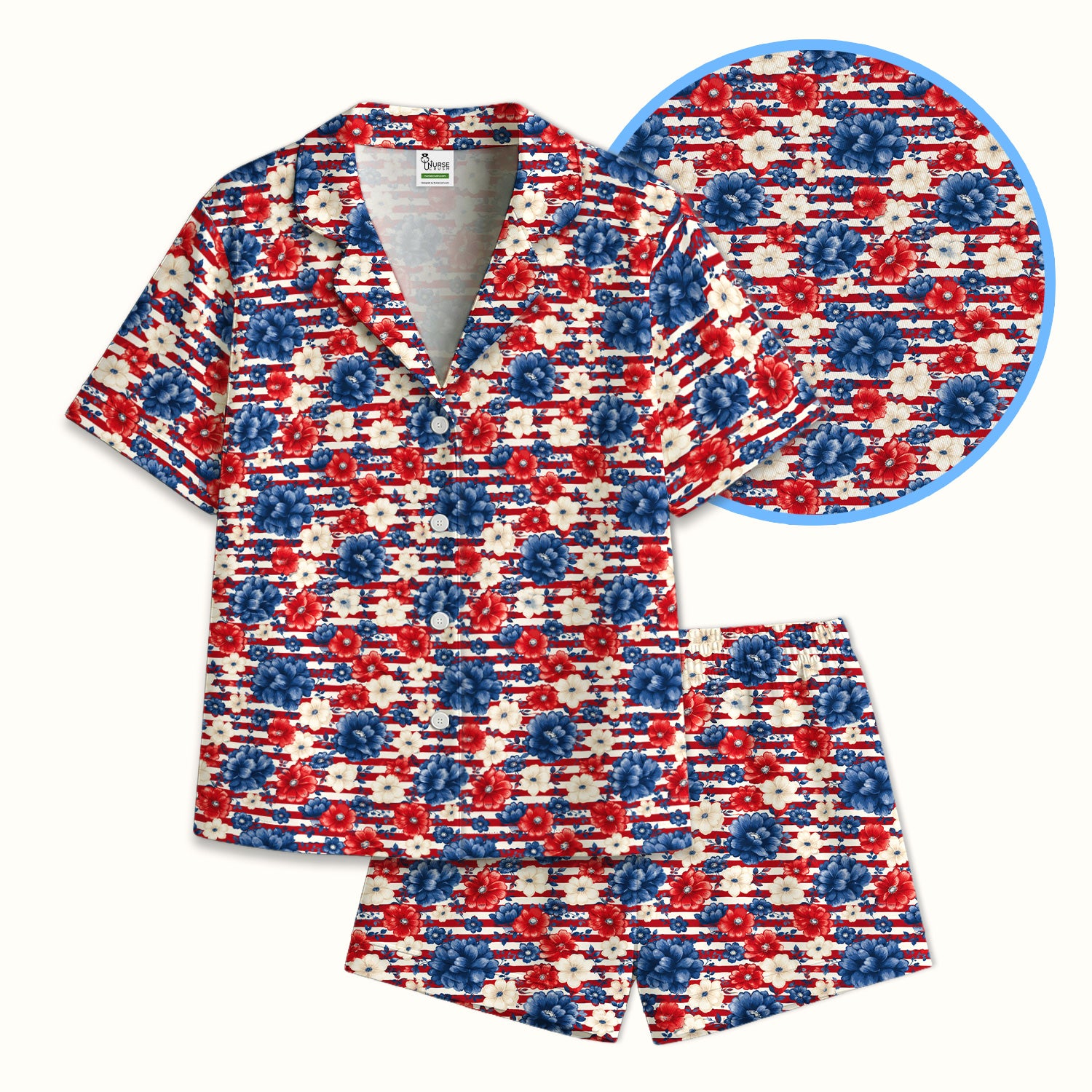 Patriotic Nurse Floral Stripe Pattern Pajama Set, Soft Breathable Fabric Comfortable Sleepwear